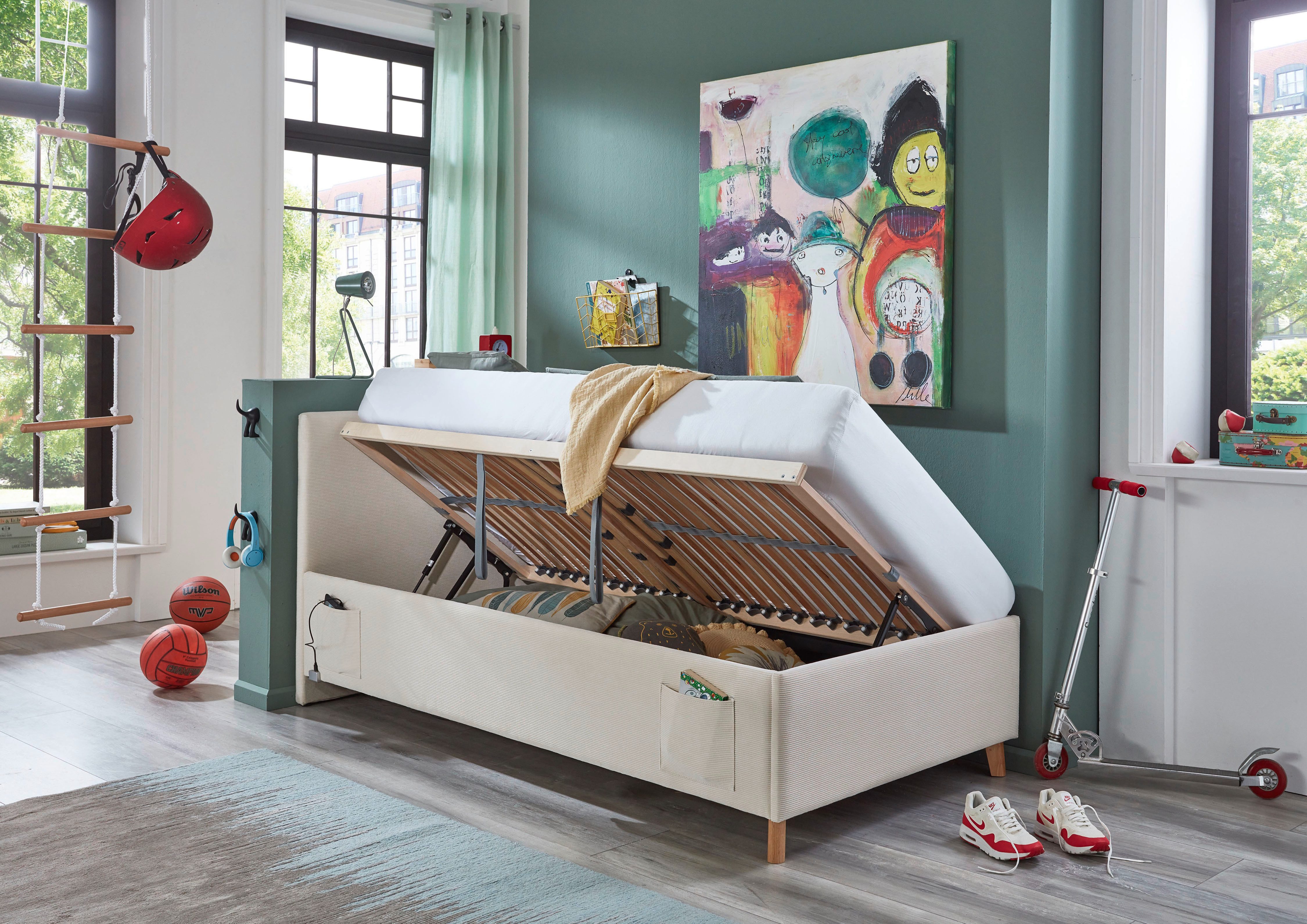 meise.möbel Kinderledikant Blauw Bekleed bed naar keuze met bedkist, tienerbed inclusief USB-aansluiting