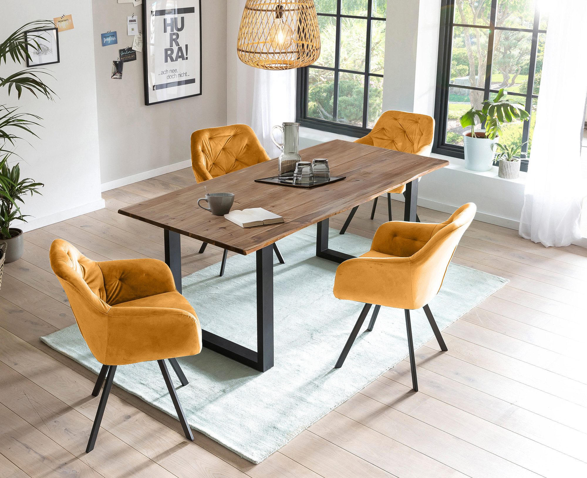 SalesFever Eethoek Stoelen met 360° draaiplateau onder de zitting, met echte boomrand (set, 5-delig) eethoeken geel