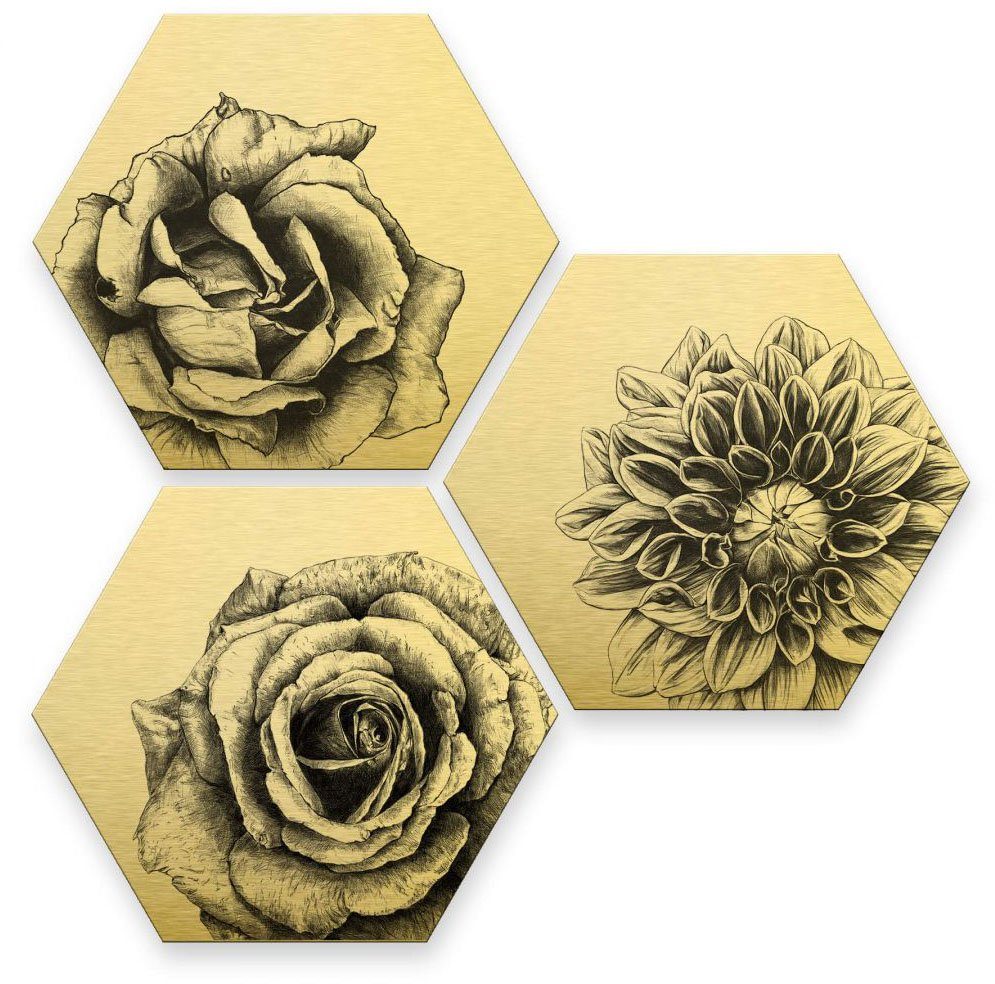 Wall-Art Meerdelige artprint Gebloemde bloemen set goudeffect (set, 3 stuks)