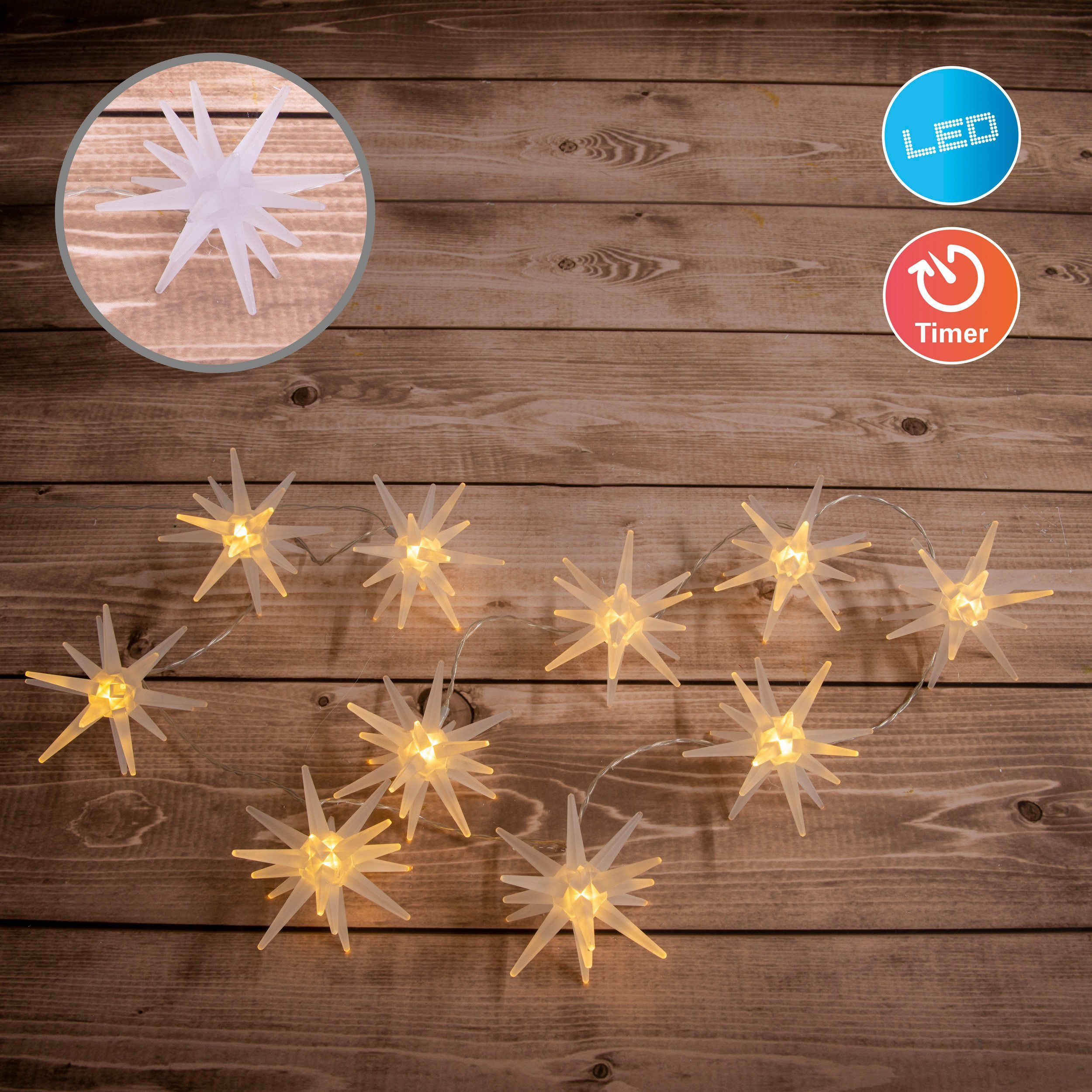 näve Led-lichtsnoer Met 3D-sterren, kerstdecoratie, batterijwerking met timer, van kunststof, in wit gefrost, lengte ca. 165 cm (1 stuk)