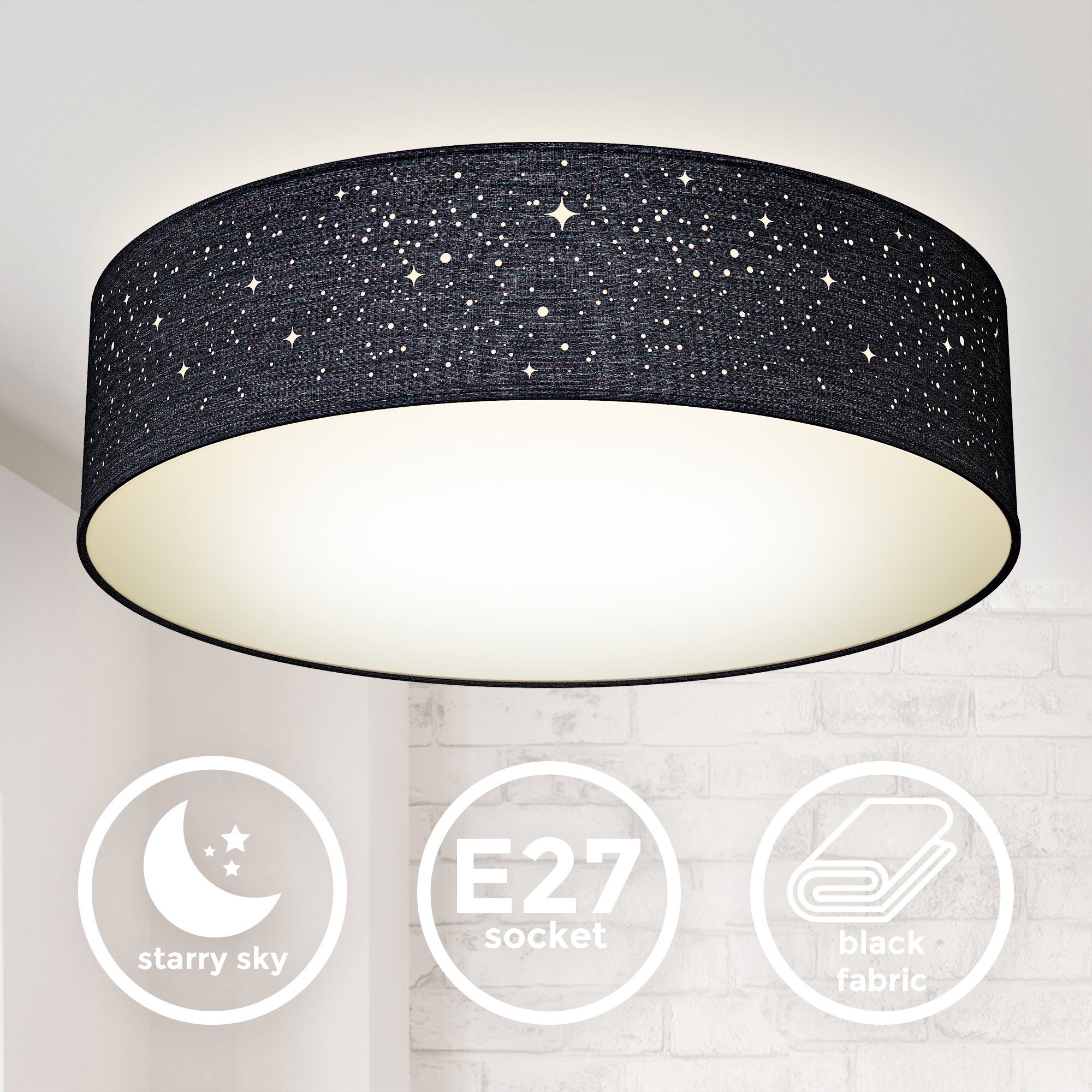 B.K.Licht Plafondlamp Textiel-sterrenhemel, zwart, 2-armig E27, stoffen plafondlamp rond (1 stuk)