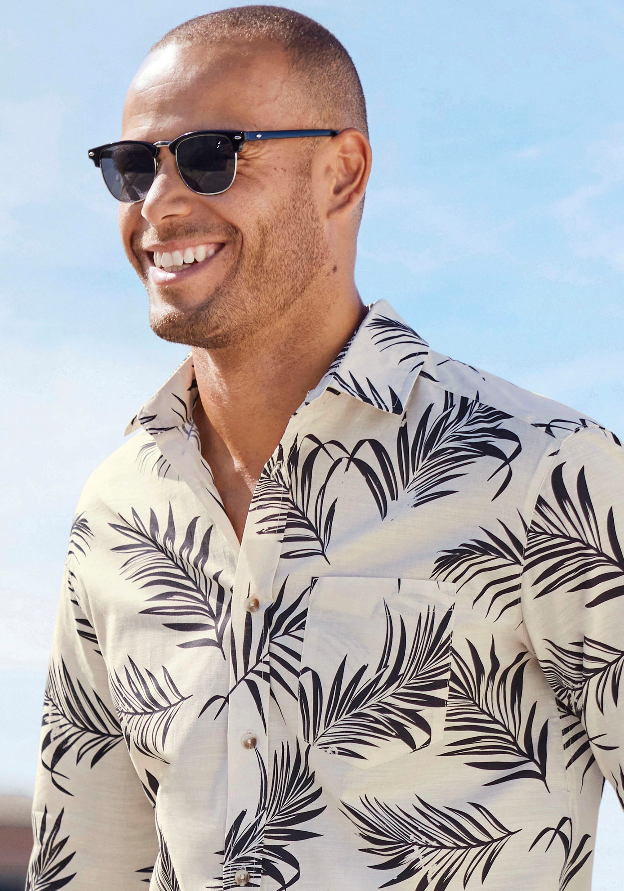 John Devin Hawaï-overhemd Regular fit Lange mouwen, vrijetijdsshirt met palmprint van 100% katoen