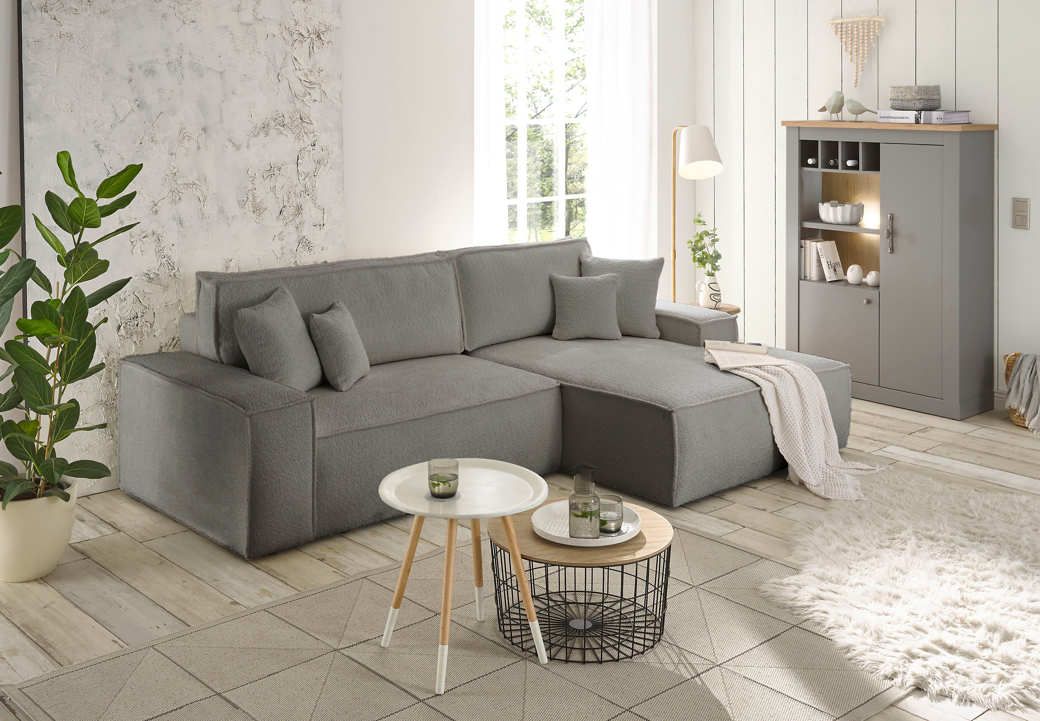 andas Hoekbank Finnley slaapbank 267 cm in Bouclé, fijne structuur en cord, L-vorm