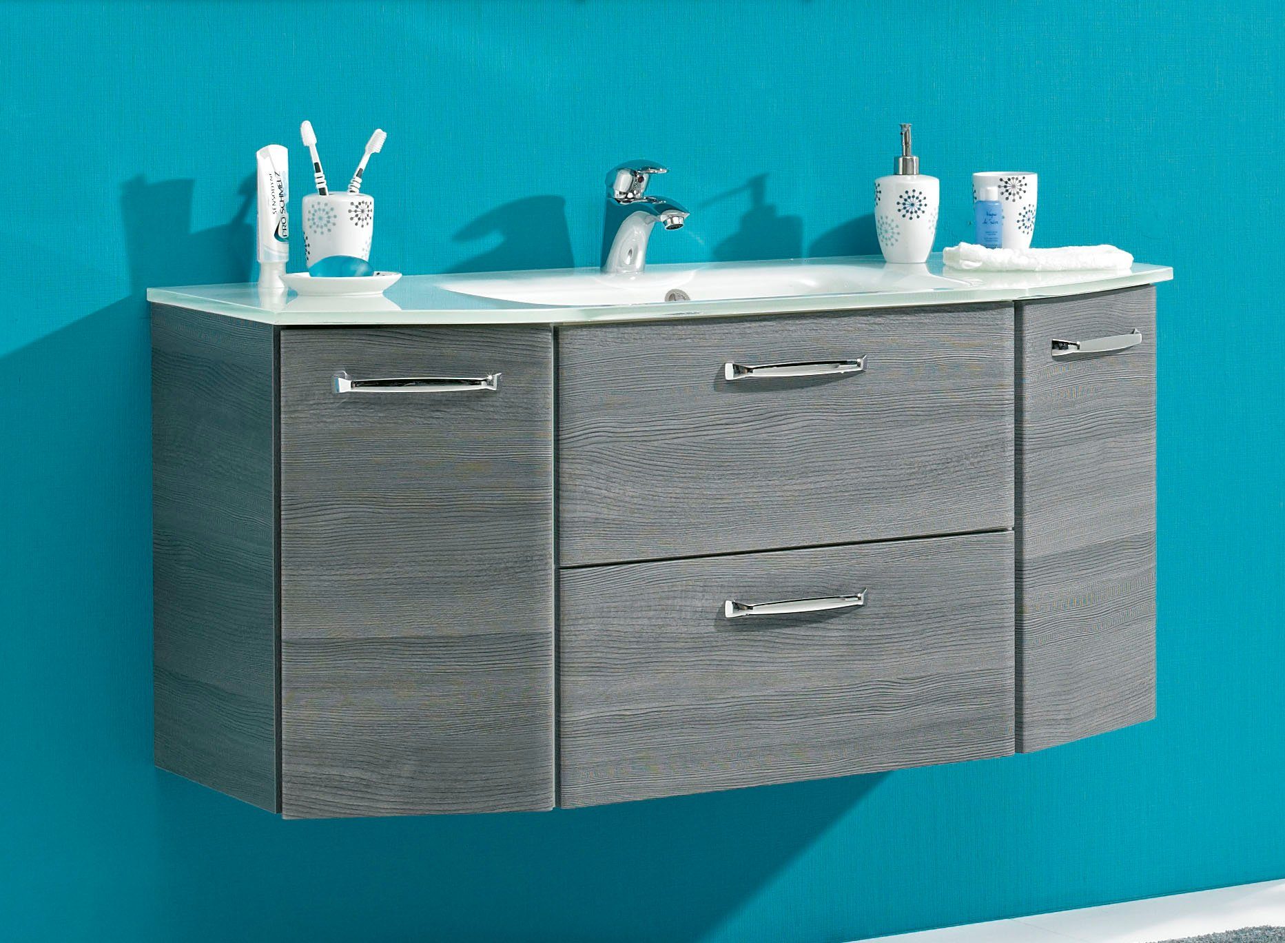 Saphir Wastafelonderkast Quickset wastafel incl. glazen wastafel, 112 cm breed, 2 deuren Onderkast met wasbak, inclusief deurdemper, grepen glanzend chroom