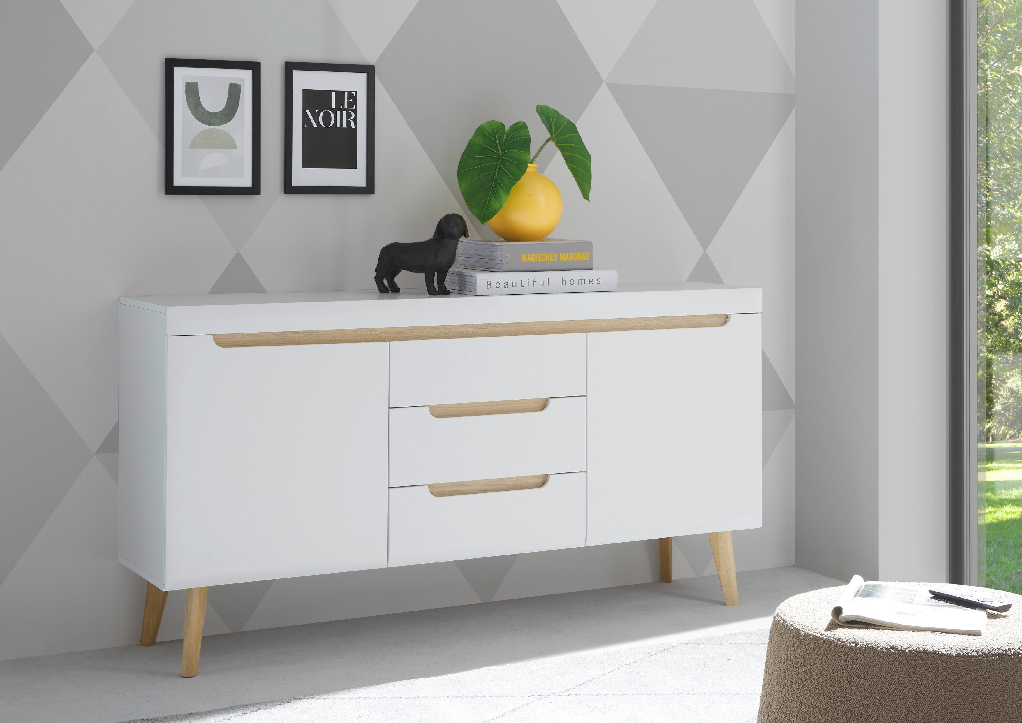 INOSIGN Dressoir Torge, dressoir, commode, ladekast afgeschuinde poten, drie kleuren, scandi design, 160 cm breed (1 stuk) dressoirs wit