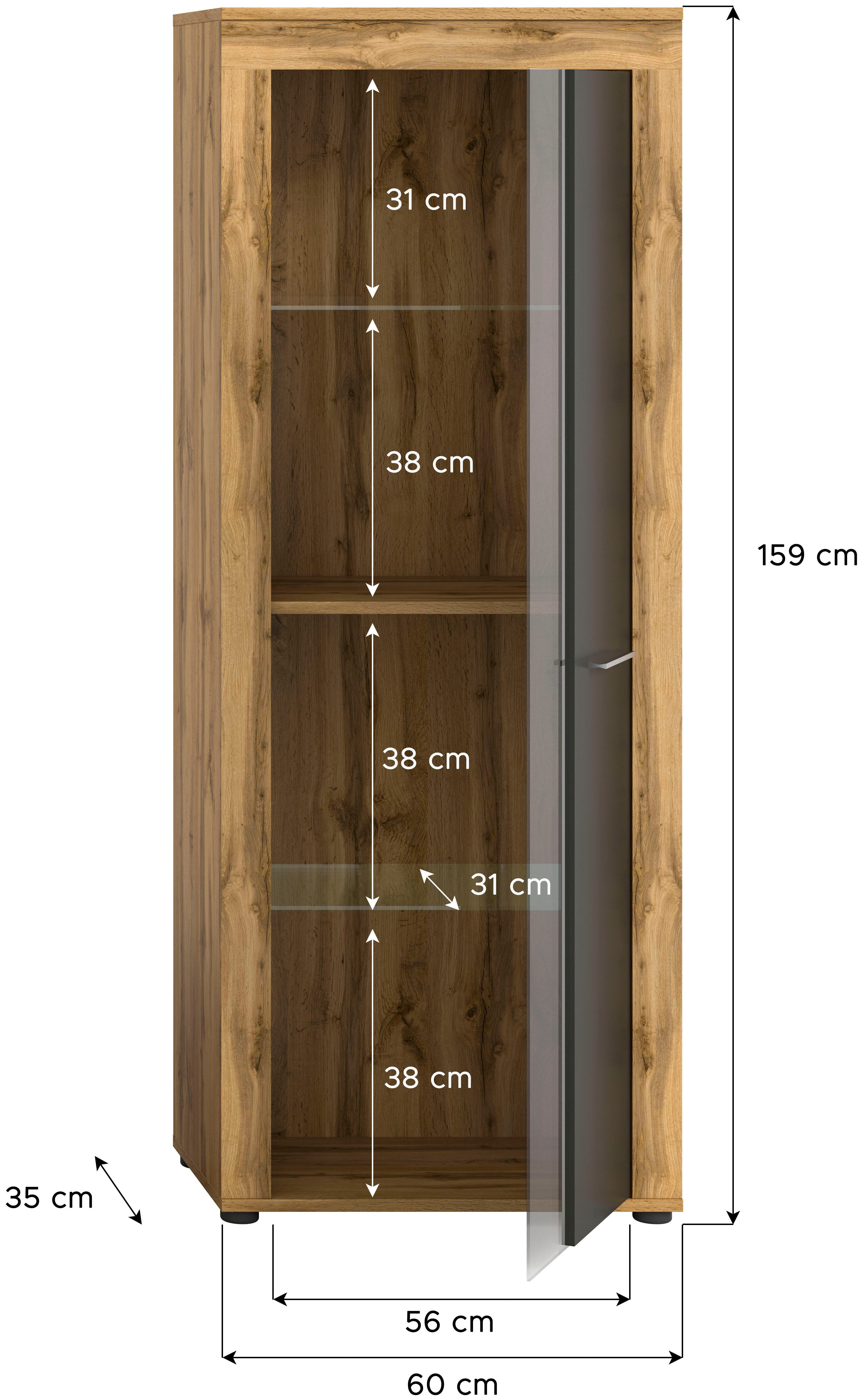 INOSIGN Vitrinekast Aosta, hoogte 159 cm, in verschillende kleuruitvoeringen 1 deur, 3 legplanken, 4 vakken, woonkamer, staande vitrine, glazen vitrine