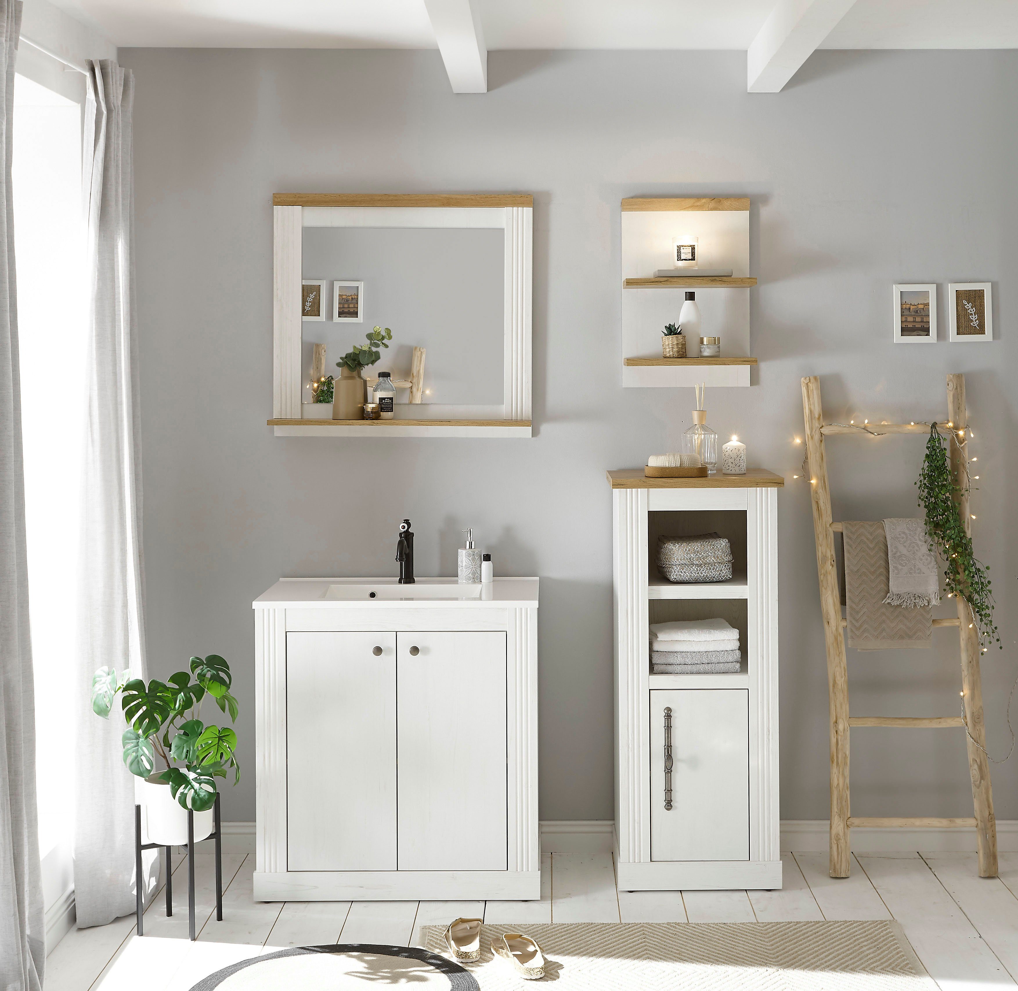 Home affaire Badkamerserie WESTMINSTER, badkamer in landhuisstijl, 2-delig badkamer Waschtafel, spiegel, midikast, plank, in 2 kleuren, breedte 150 cm (4-delig)