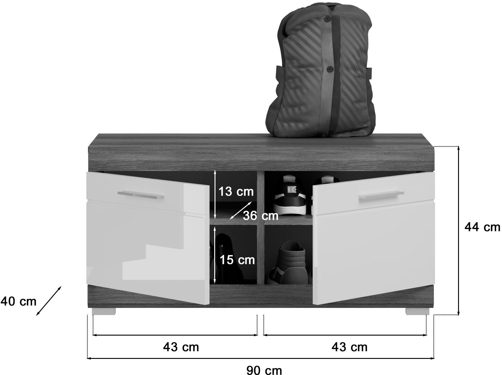 INOSIGN Zitbank Siena, Breedte 90 cm, 2 Deuren, 2 Planken, 4 Vakken Front-groeffreesing, bank, schoenenbank, garderobenbank, halbank
