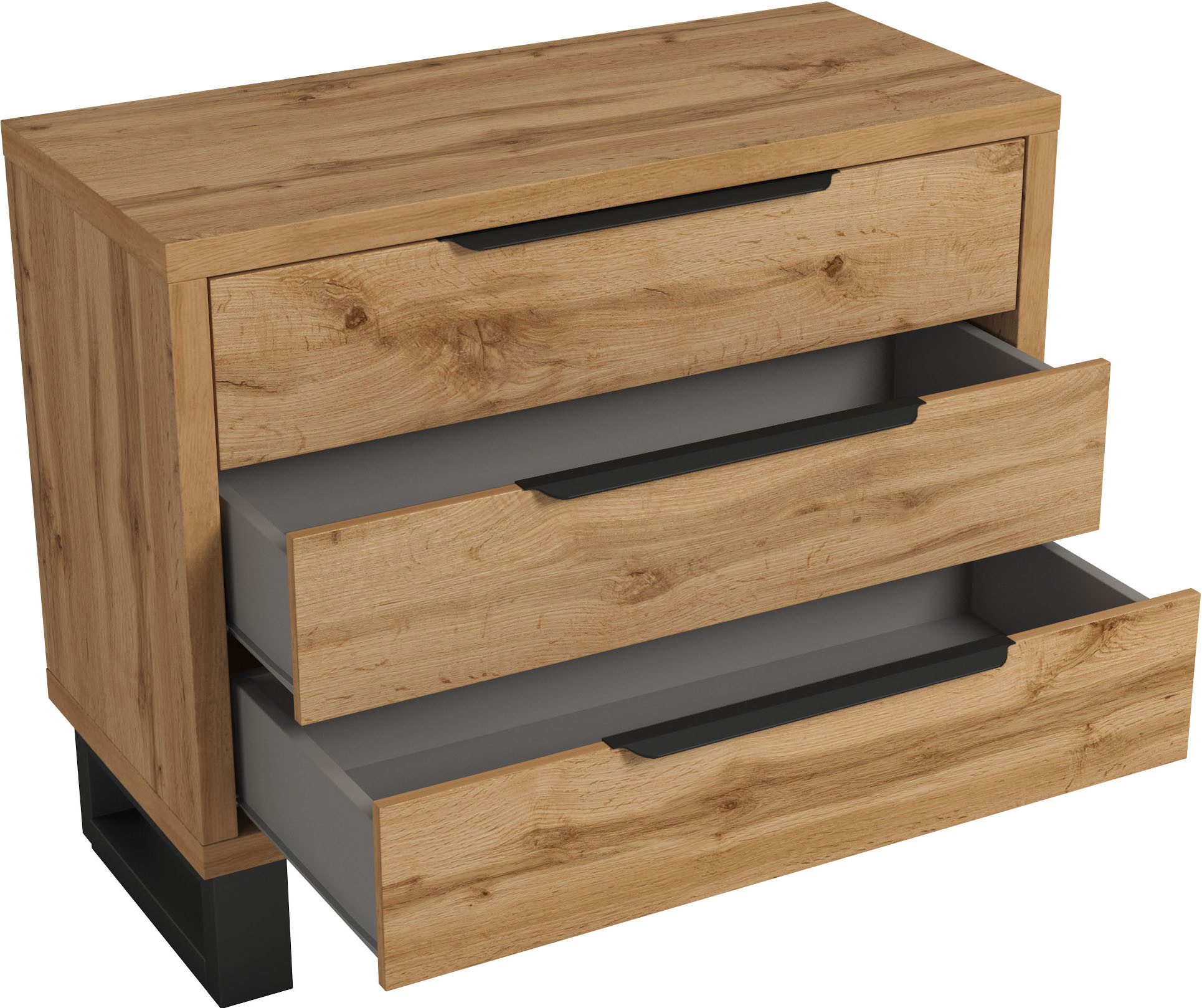 Home affaire Ladekast Bronne, 99,5x83x45cm commode, metalen handgrepen Potens in sledevorm, sideboard met 3 lades, slaapkamercommode
