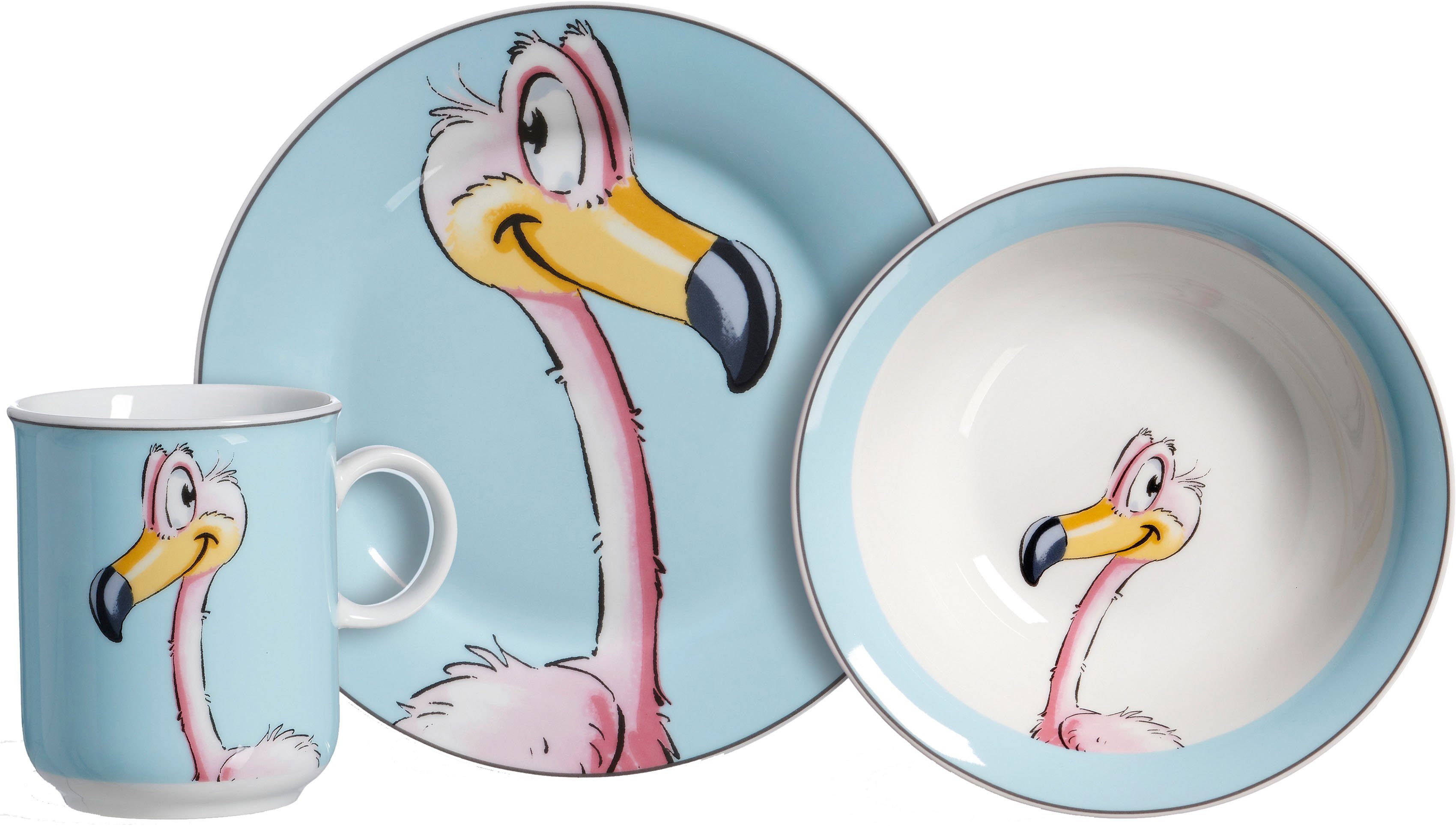 Ritzenhoff & Breker Kinderservies-set Happy Zoo, Flo met flamingodecor, 3 delen, voor 1 persoon (set,...