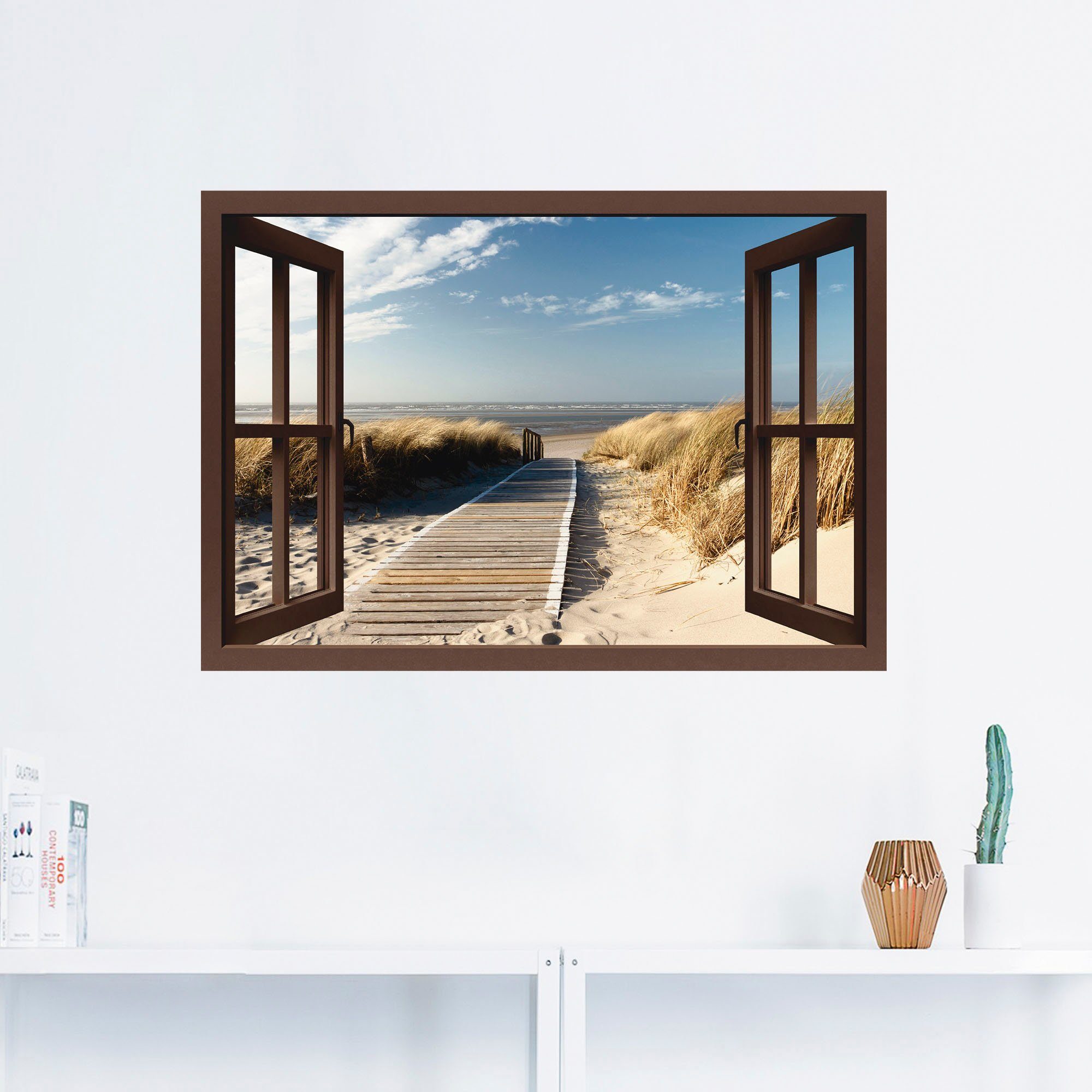 Artland Artprint Blik uit het venster Noordzeestrand op Langeoog als artprint op linnen, poster, muursticker in verschillende maten