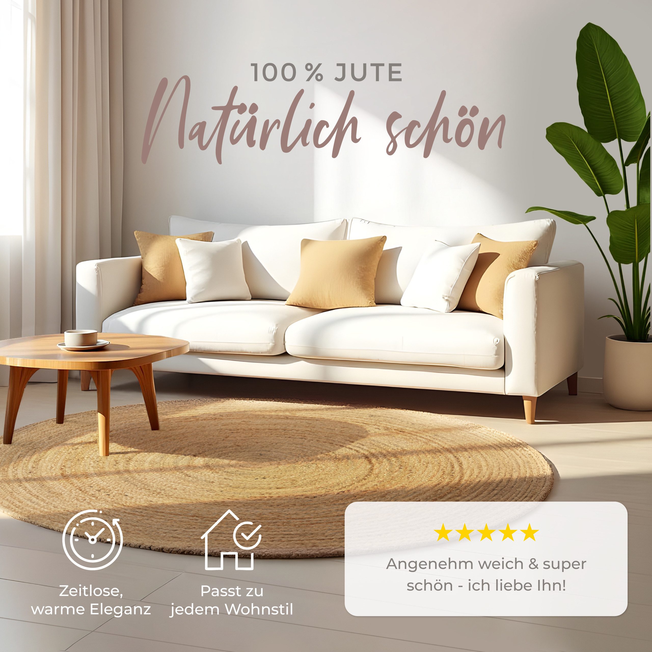 carpetfine Vloerkleed Nele jute-vloerkleed natuurmateriaal gevlochten tweezijdig te gebruiken kleed van 100% jute, in rond en ovaal, vele maten