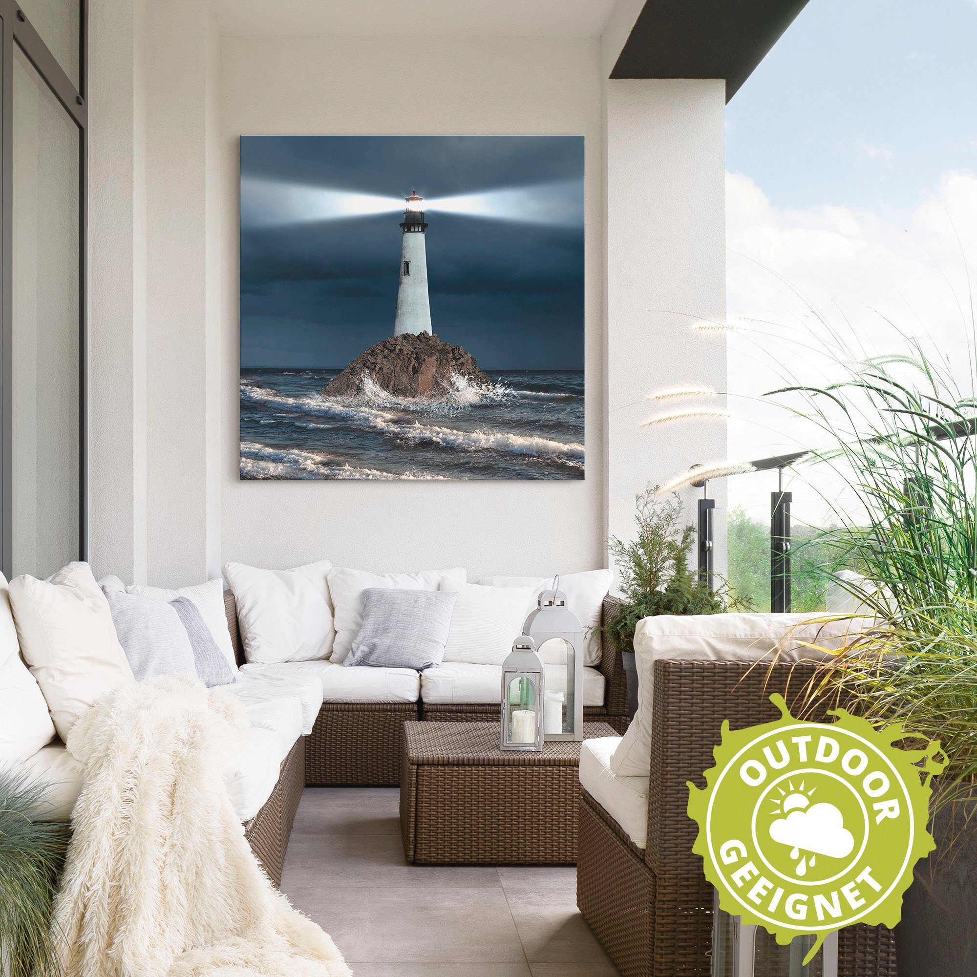Artland Artprint van vuurtoren met lichtbundel als artprint van aluminium, artprint voor buiten, artprint op linnen, poster, muursticker