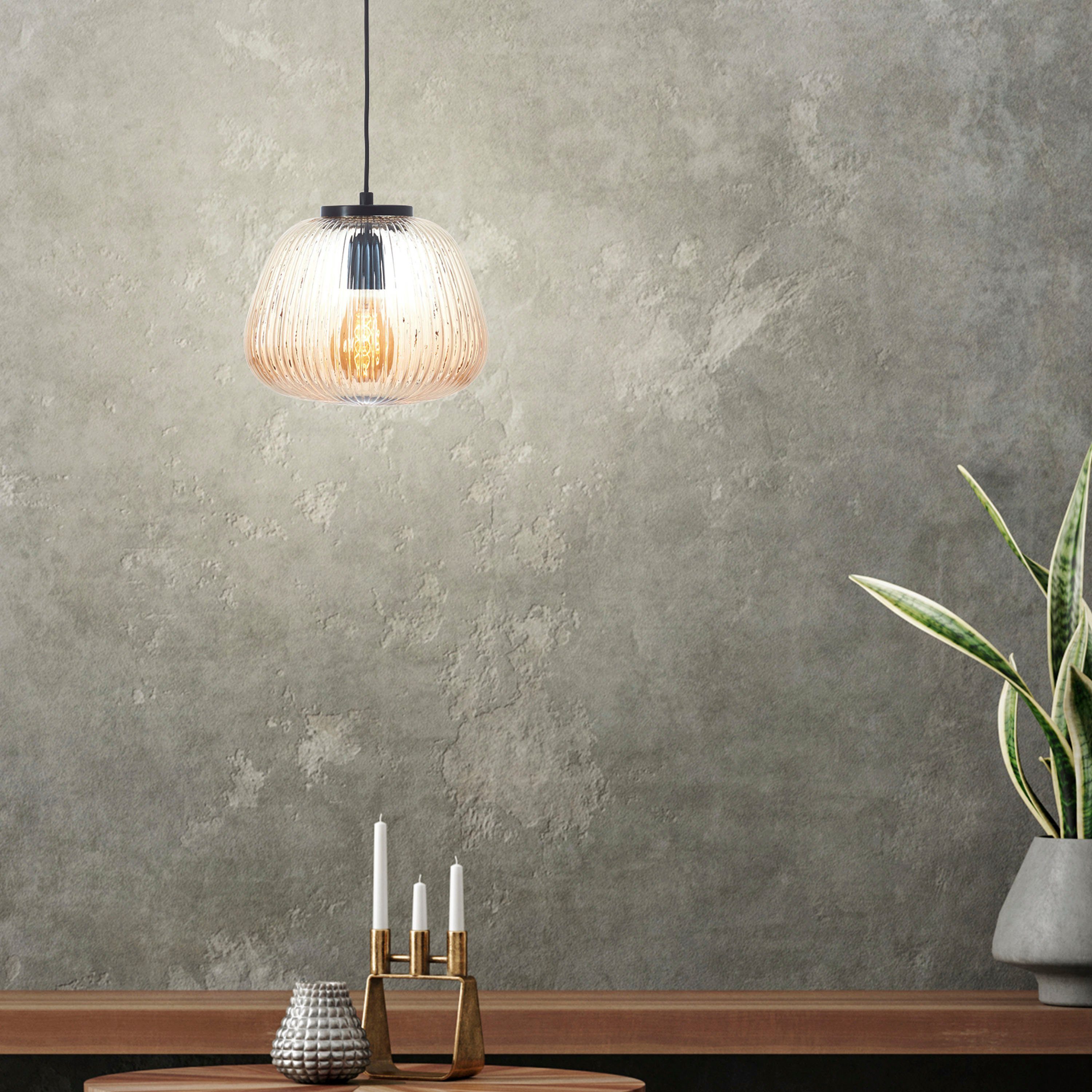 Brilliant Leuchten Hanglamp Kaizen Gegolfd glas, D 25 cm, E27, inkortbaar, amber-barnsteenkleuren