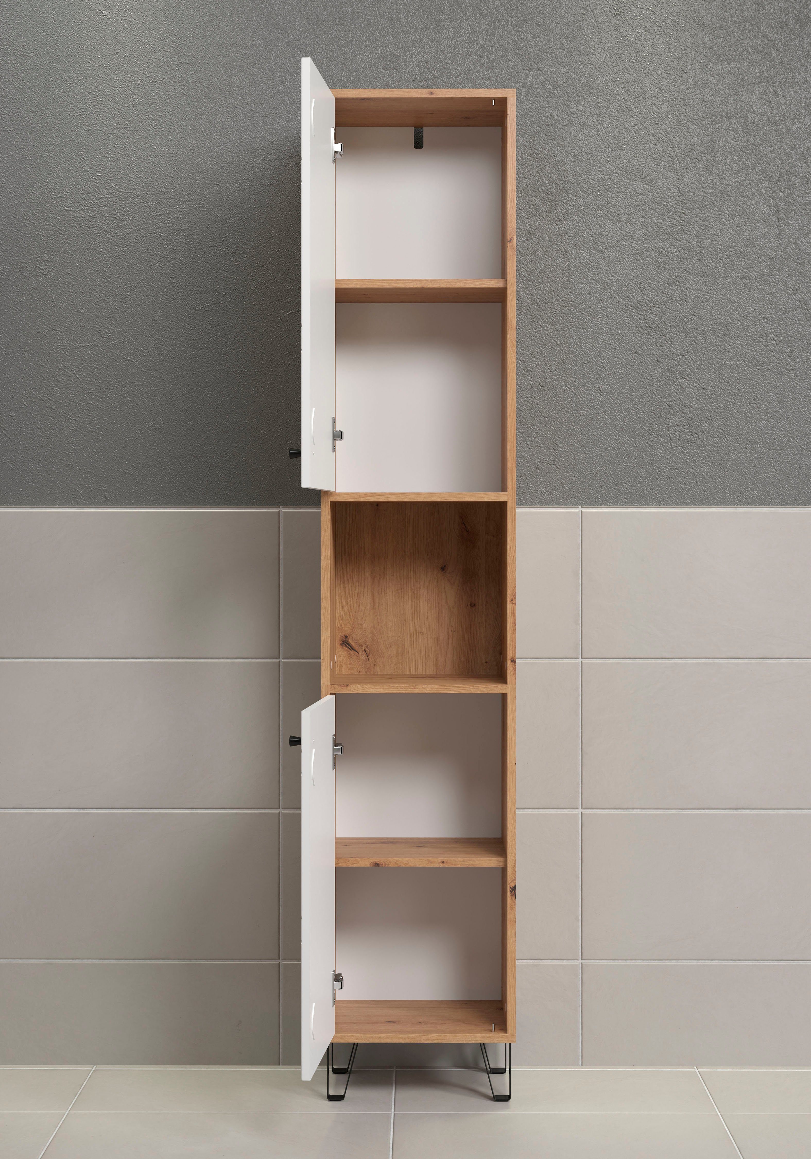 Places of Style Hoge kast Tarragona Breedte 36 cm, 2 deuren, retro metalen poten, mat, bruine hout-look / wit (1 stuk)