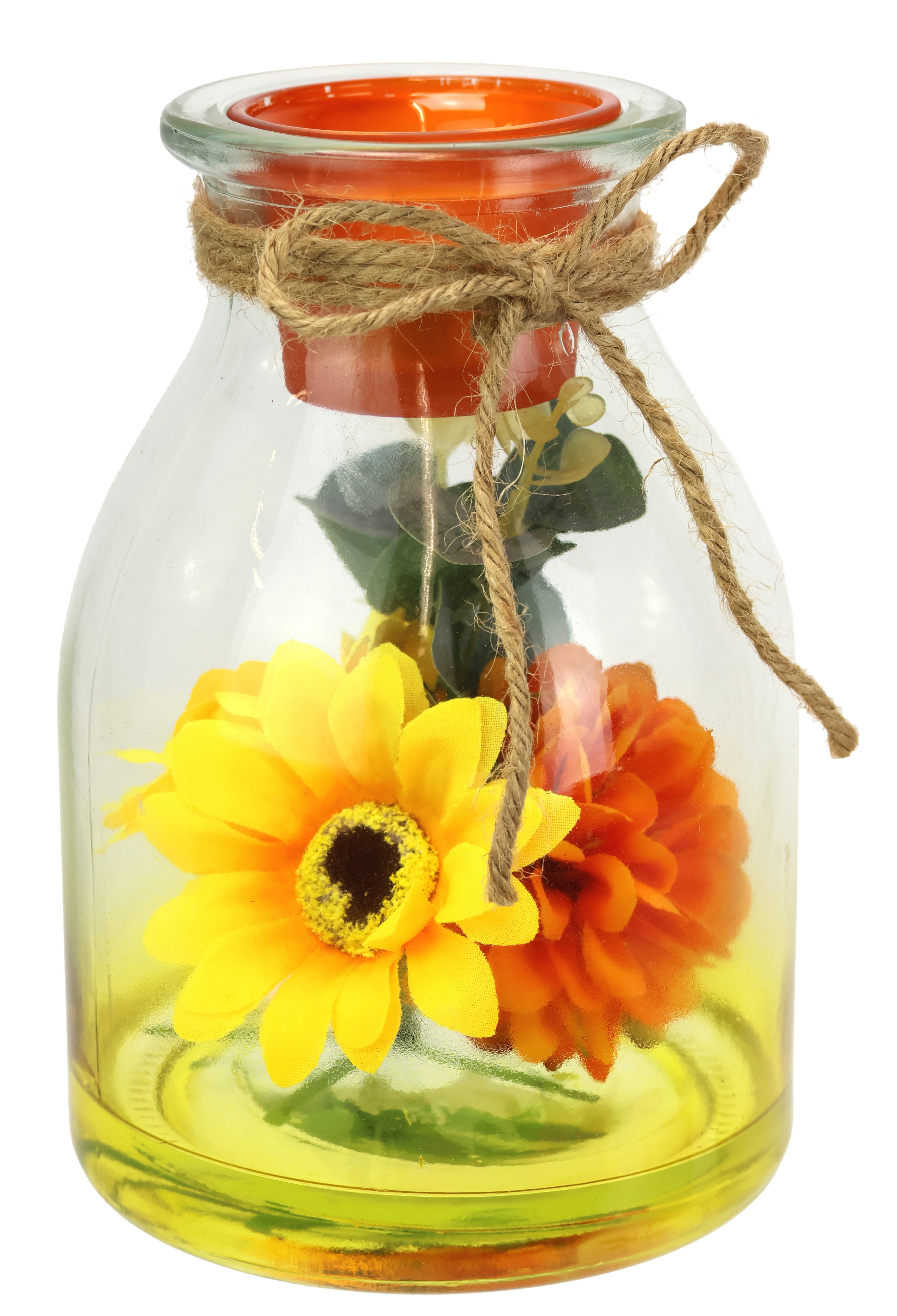 I.GE.A. Waxinelichthouder Theelichthouder van glas met theelichtkaars Herfstachtig versierd met zonnebloem, dahlia, eucalyptus, kaars, windlicht (1 stuk)