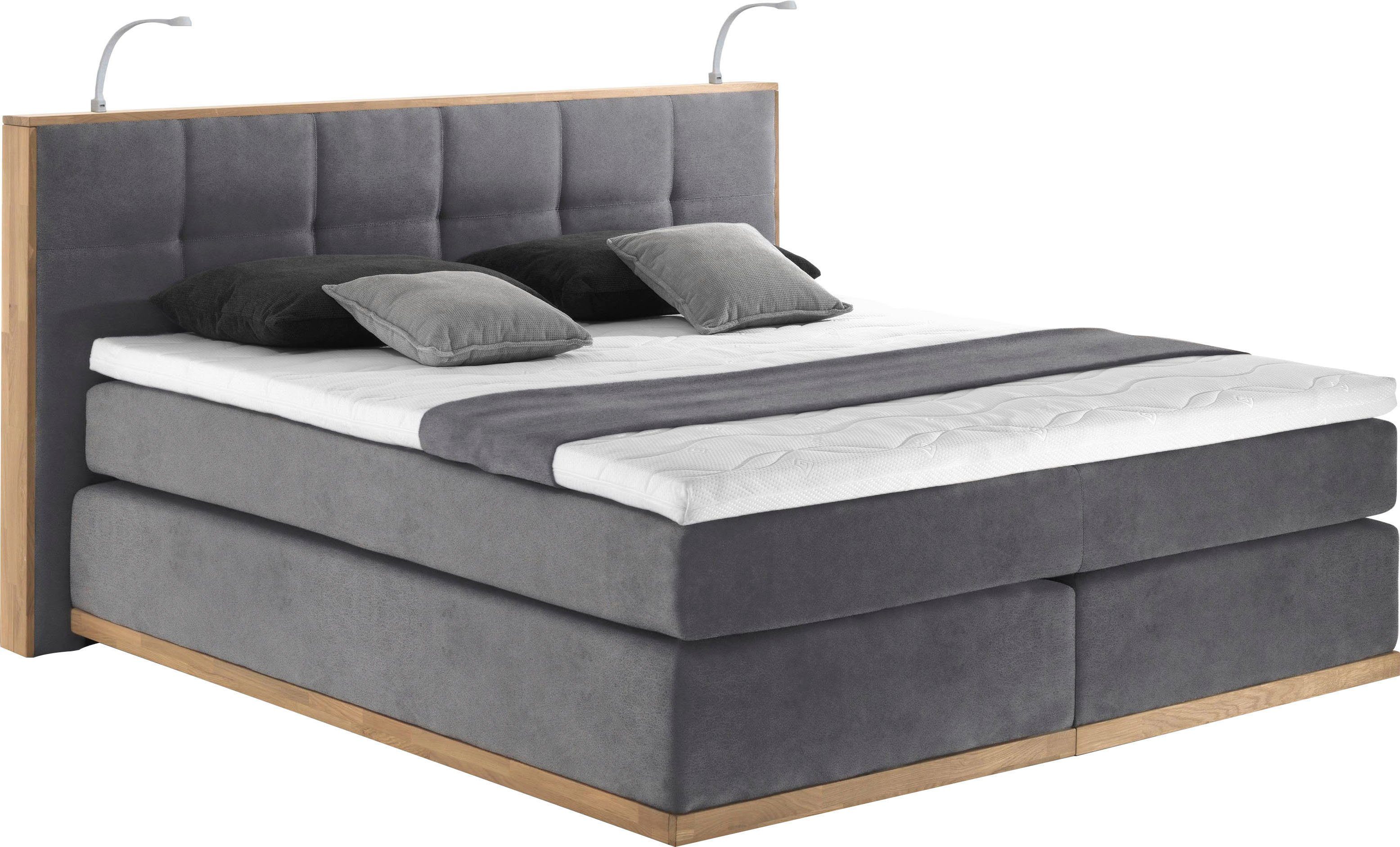 Places of Style Boxspring Vinton van massief eiken, met ledverlichting, verschillende hardheden (ook h4) (5 stuks)