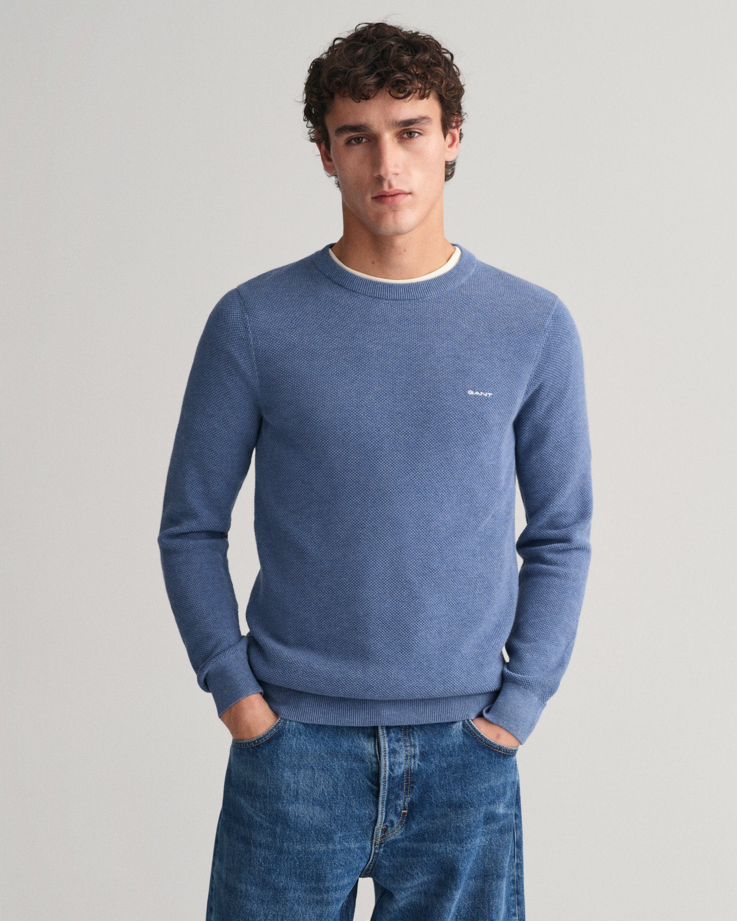 Gant Trui met ronde hals COTTON PIQUE C-NECK met logoborduursel op borsthoogte heren pullovers maat XL blauw
