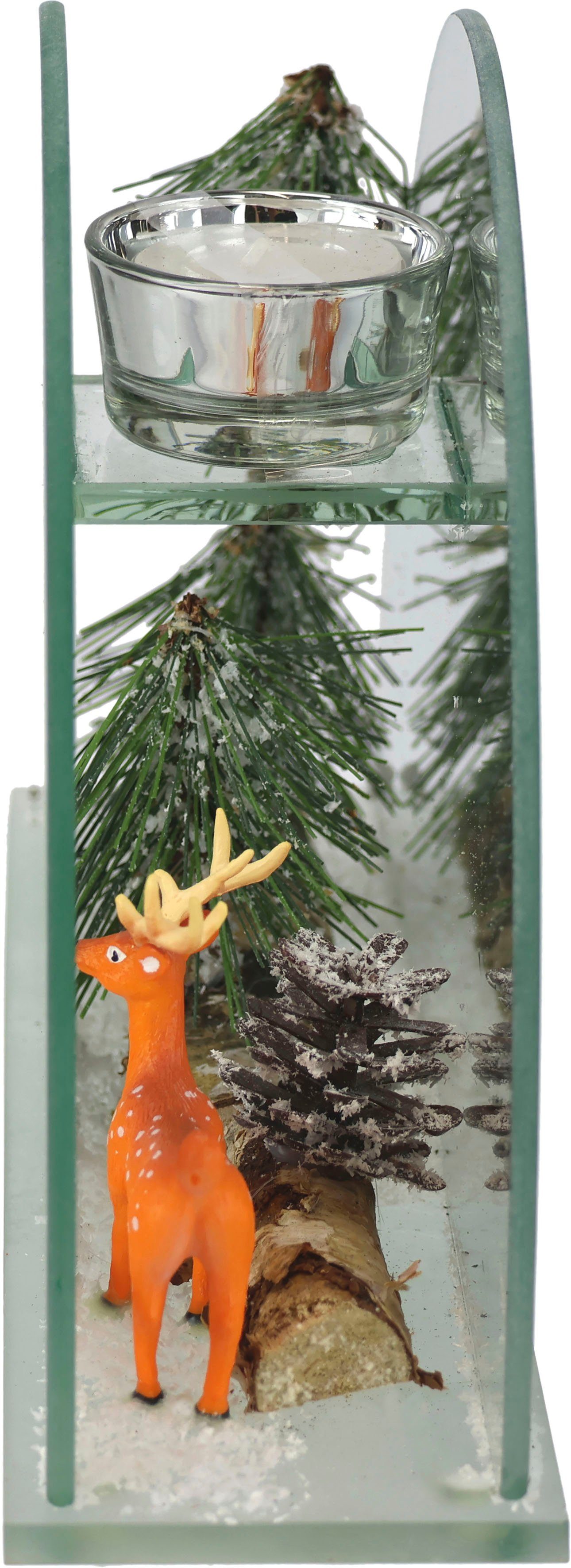 I.GE.A. Waxinelichthouder Kerstdecoratie, kaarsenhouder, decoratie-object van spiegelglas, met hertdecoratie in winterlandschap, hoogte ca. 15 cm (1 stuk)