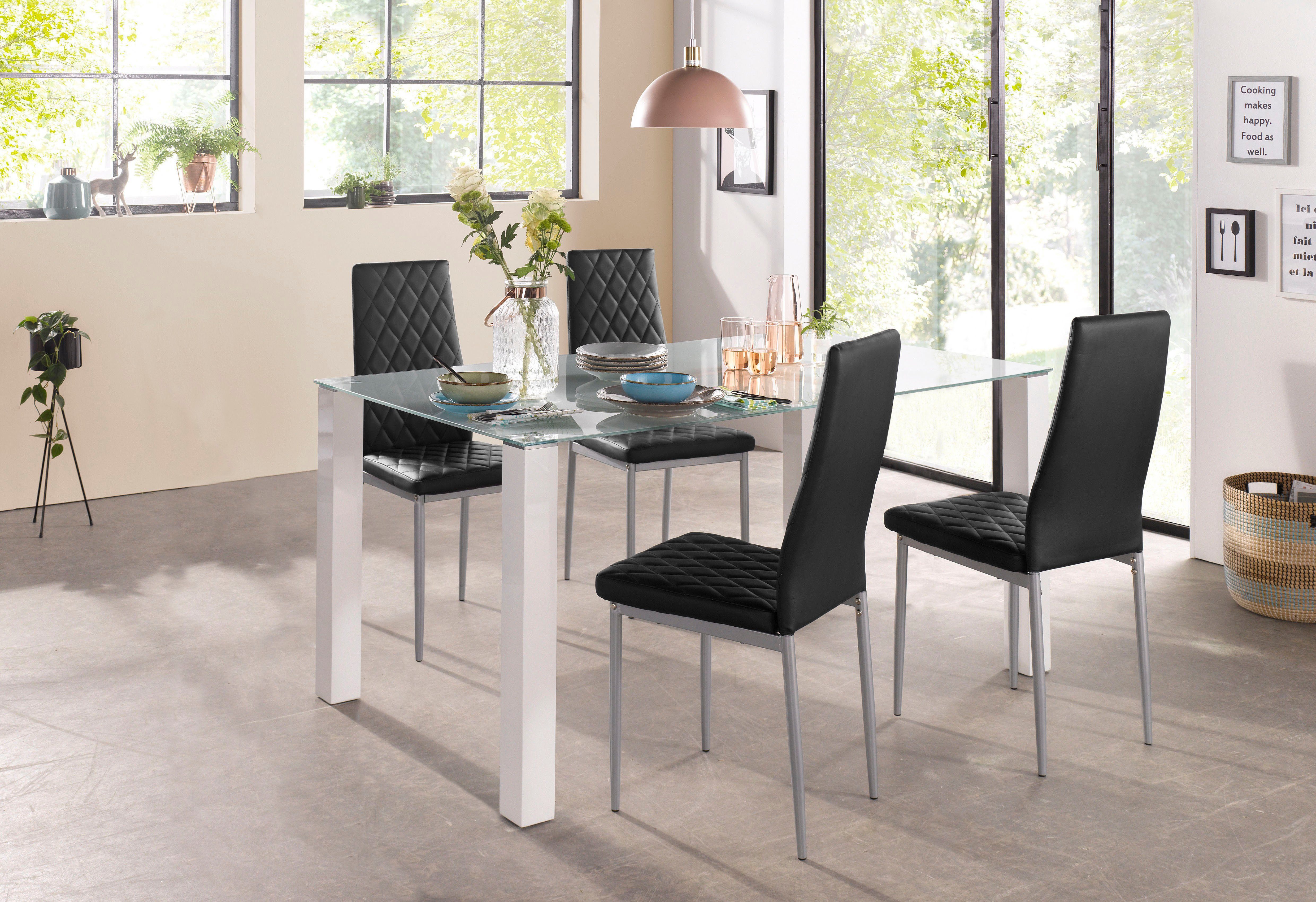 INOSIGN Eethoek 160 cm brede glazen tafel, stoelbekledingen in verschillende kleurvarianten (set, 5-delig)