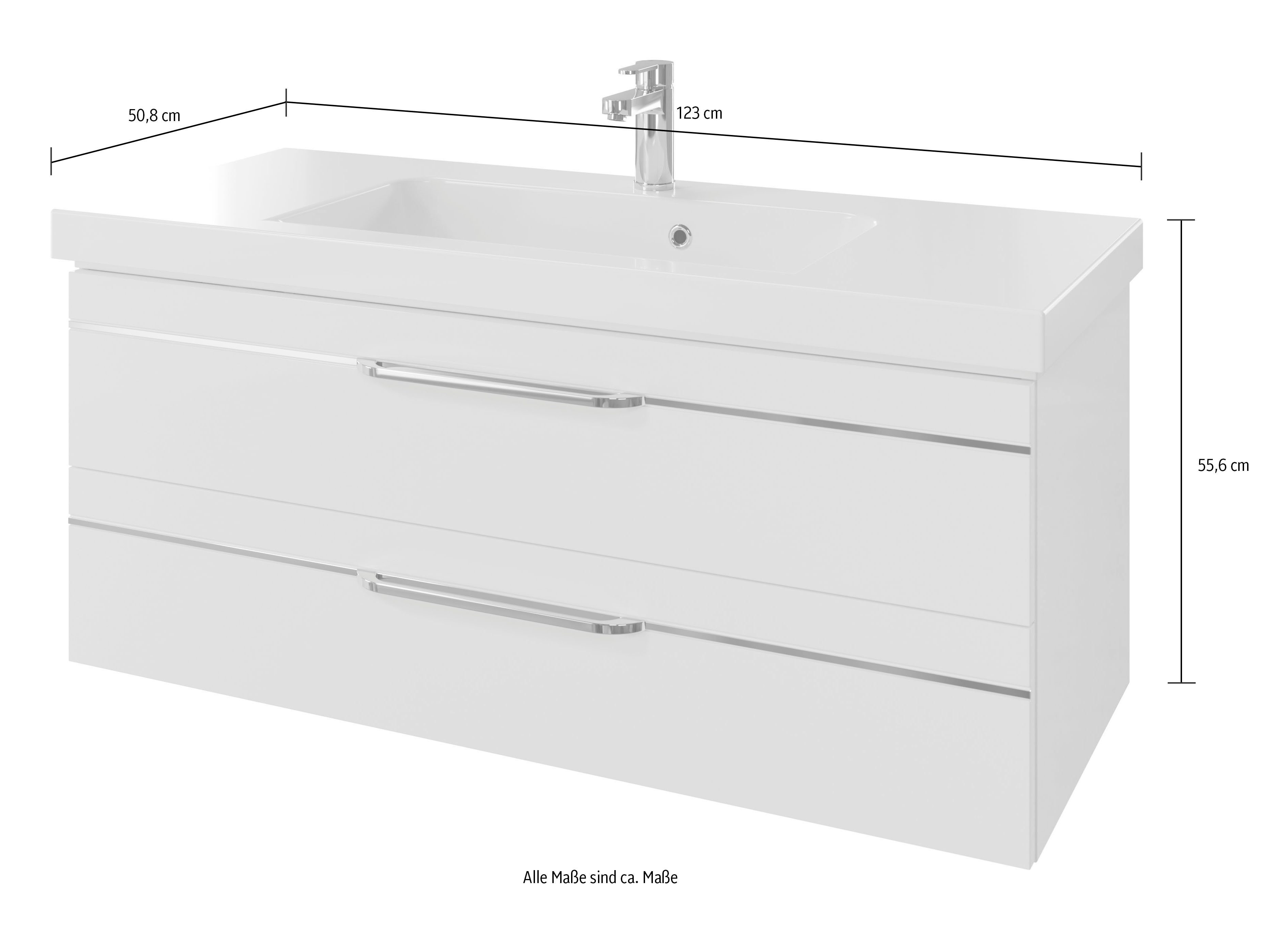 Saphir Wastafelonderkast Serie Balto mineraalmarmeren wastafel met onderkast, 123 cm breed Wastafelmeubel met 2 laden, badkamerkast in verschillende uitvoeringen (2-delig)