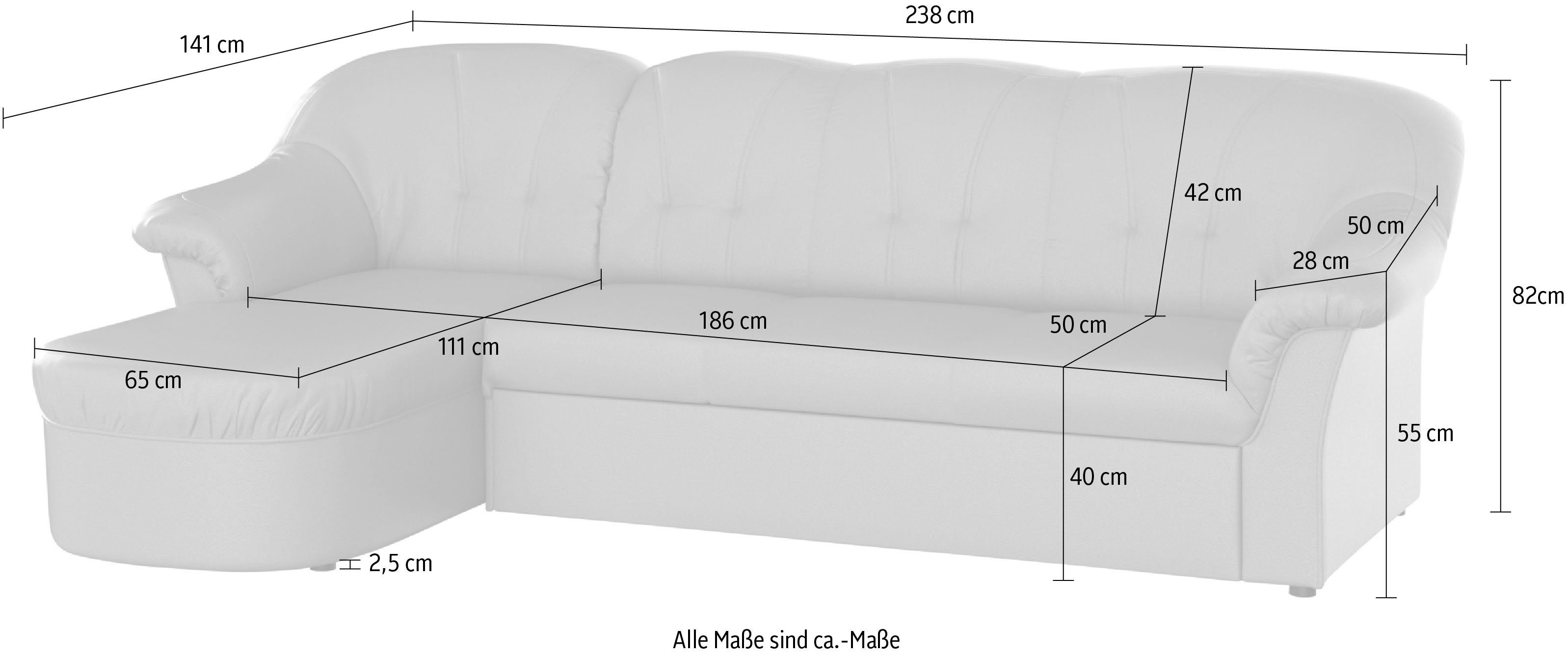 DOMO collection Hoekbank Pegnitz, elegante rugstepping, compacte afmetingen 238/141cm, L-vorm