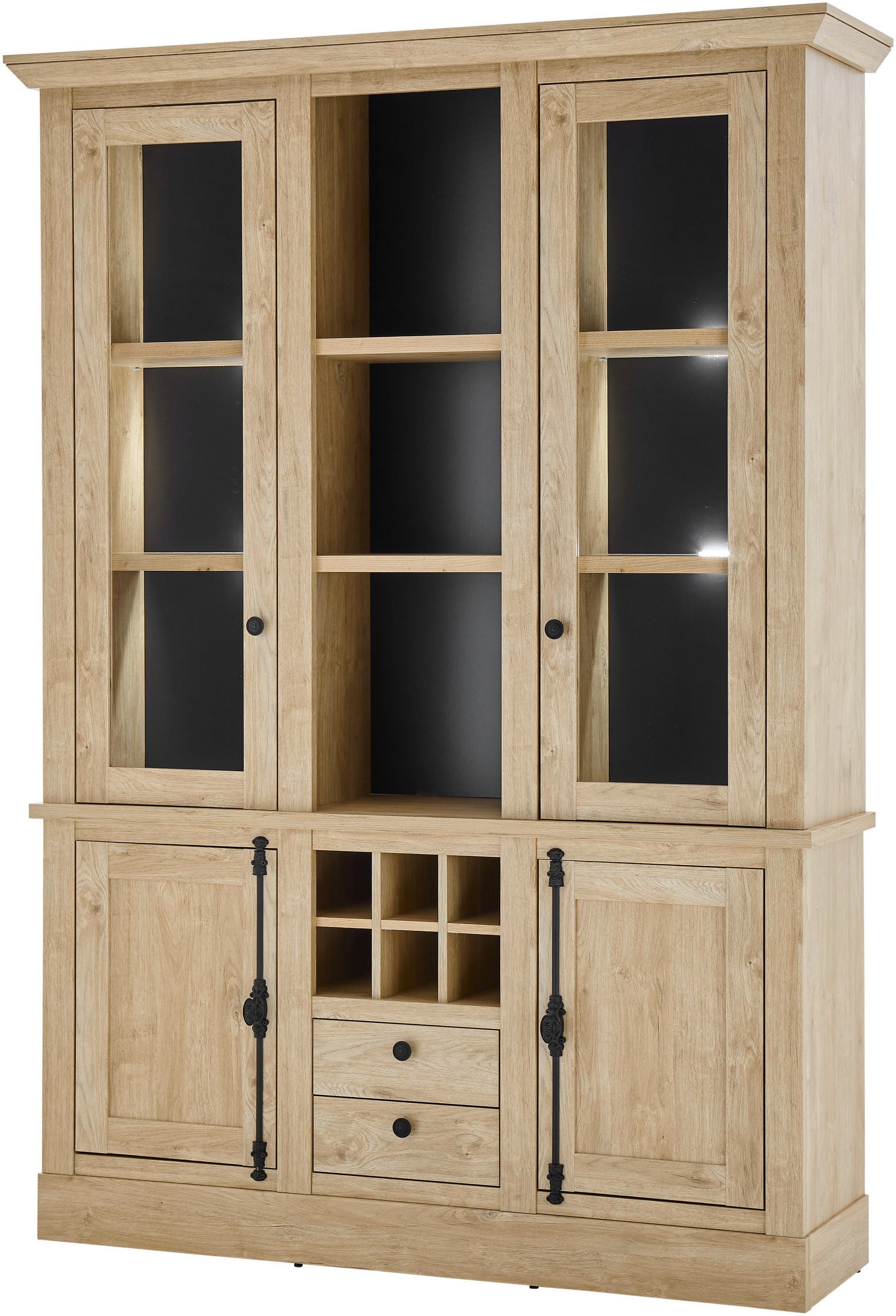 Home affaire Vitrinekast Cornwall, hoge kast in landelijke stijl, glasvitrine, eiken decor Metalen handgrepen, 147 cm breed, veel opbergruimte, in twee maten beschikbaar (1 stuk)