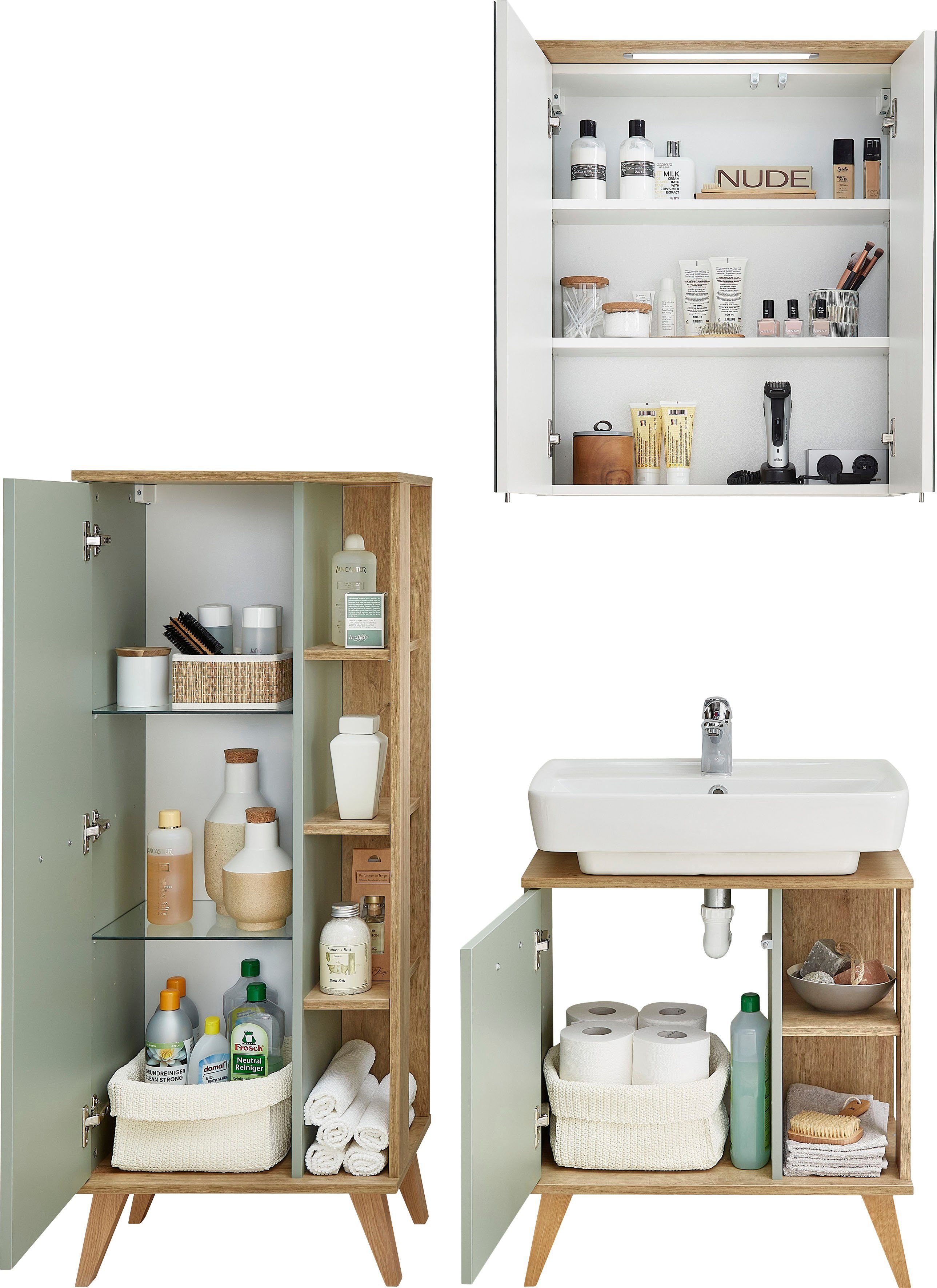 Saphir Badkamerserie Quickset 3-delig, wastafelonderkast met led-spiegelkast Halfhoge kast, incl. deurdemper, 4 deuren, 5 planken, badkamer set (3-delig)