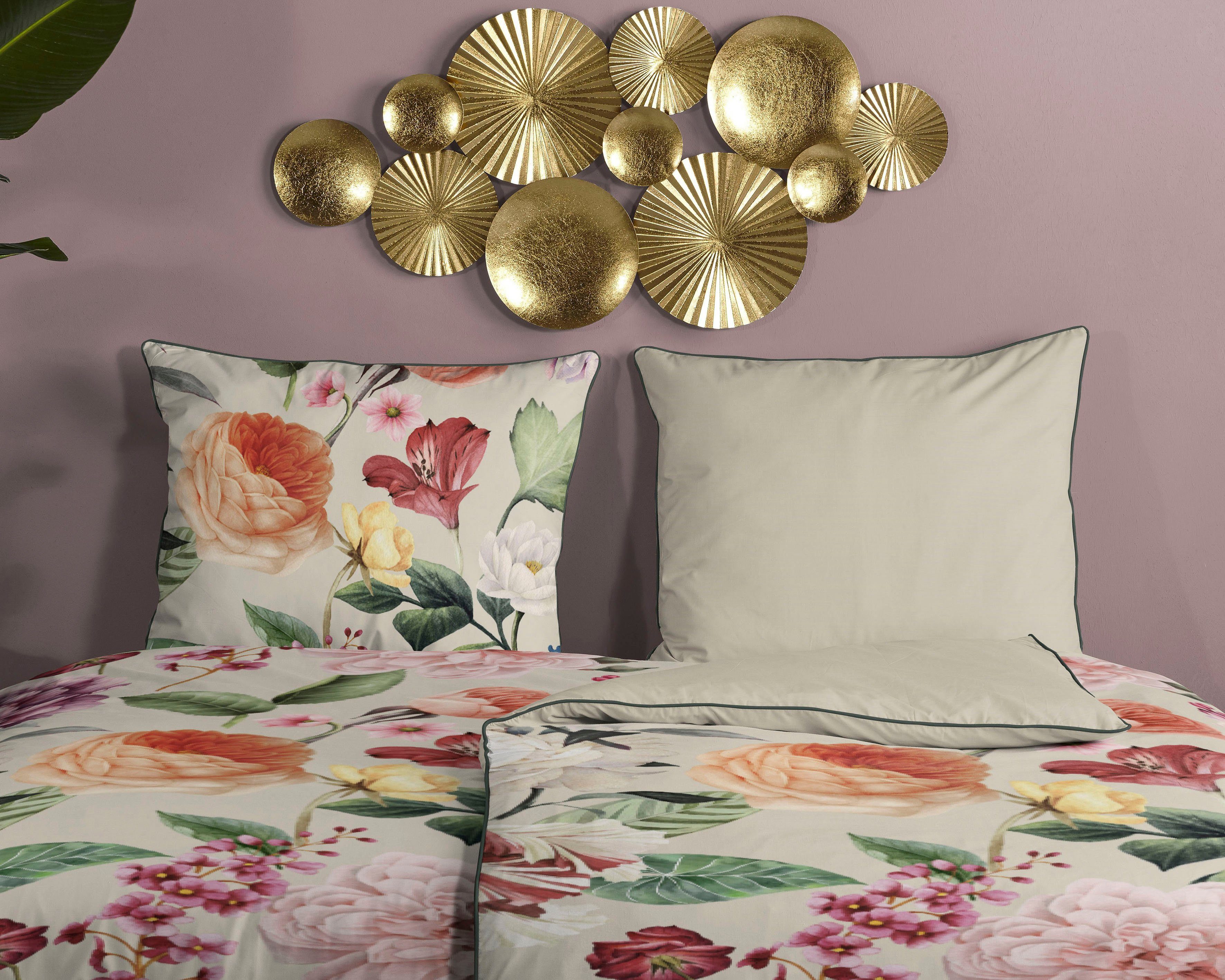 Descanso Tweezijdig te gebruiken overtrekset Fiori Katoen, Satijn, 135x200, Bies, Rits, Omkeerbaar, Bloemen Zand