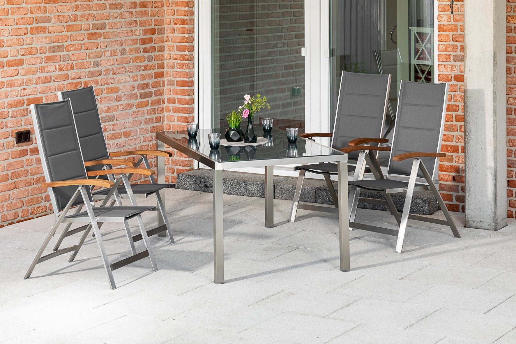 MERXX Tuin-eethoek Ferrara 4 klapstoelen, tuintafel (5-delig) tuinsets bruin