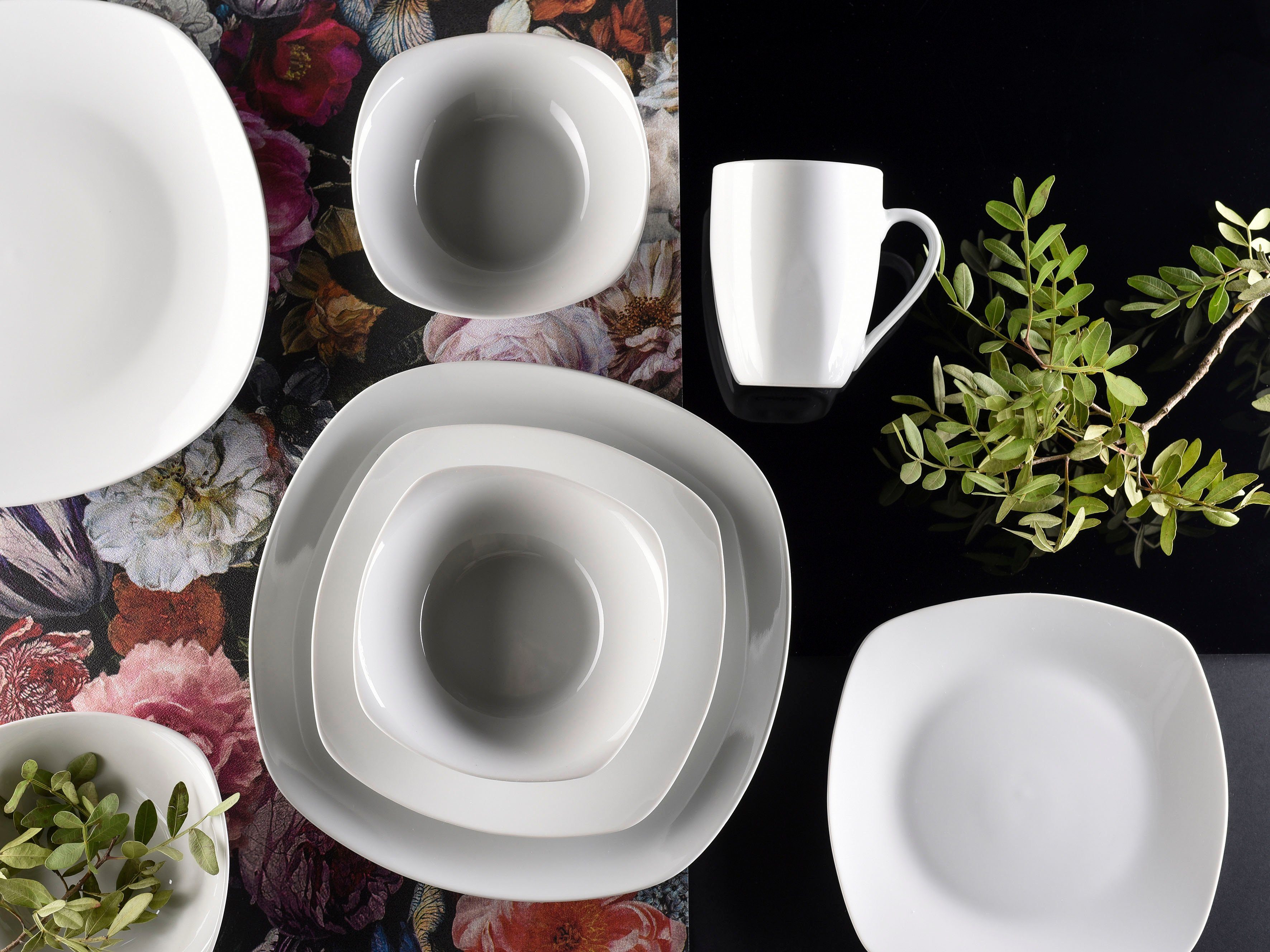 CreaTable Combi-servies Servies-set Square Servies, wit, 16 delen, voor 4 personen (set, 16-delig)