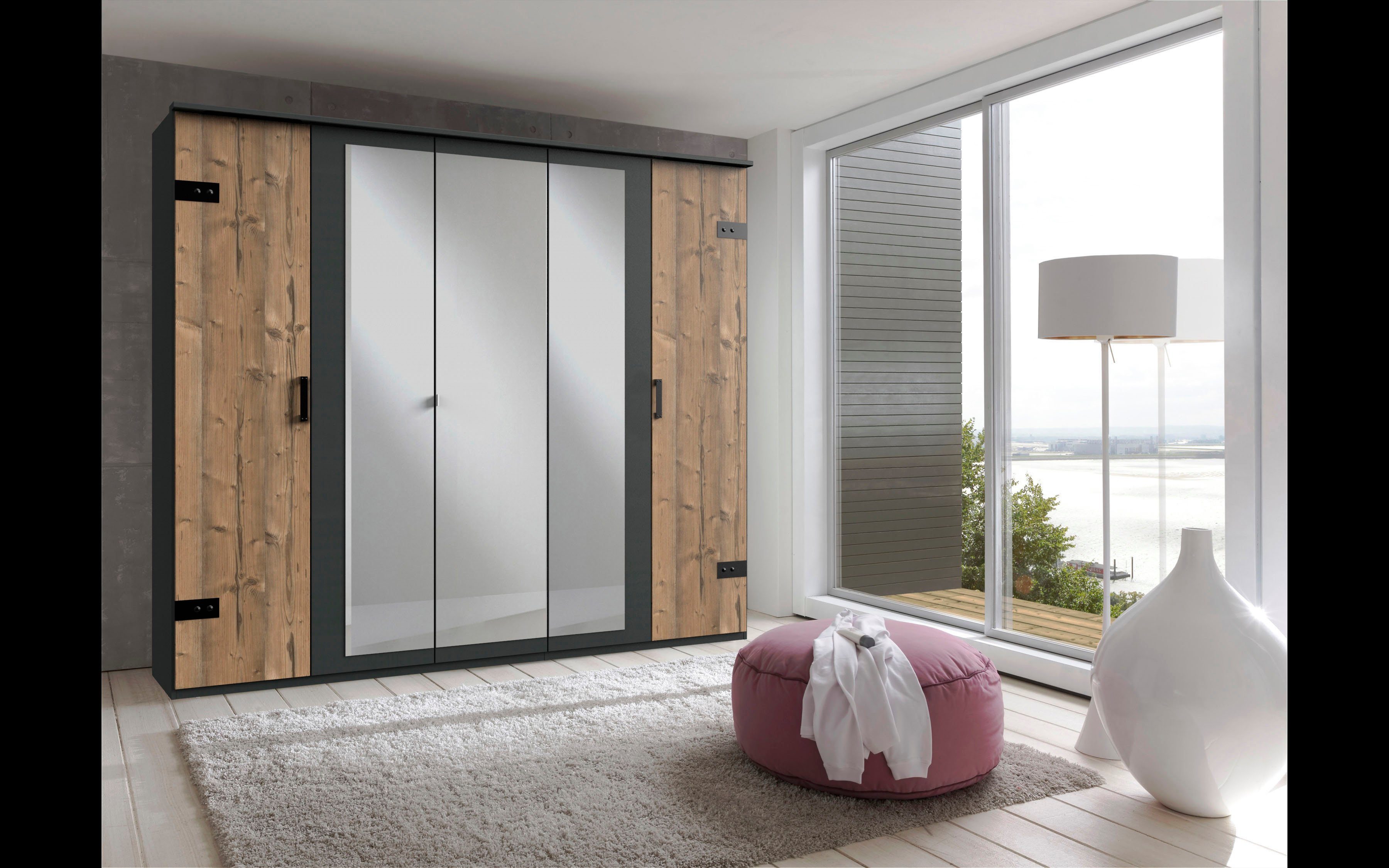 Wimex Slaapkamerserie Stockholm, rustieke look in industrieel ontwerp 6-delig, kledingkast met spiegel, bed inclusief lades (set)
