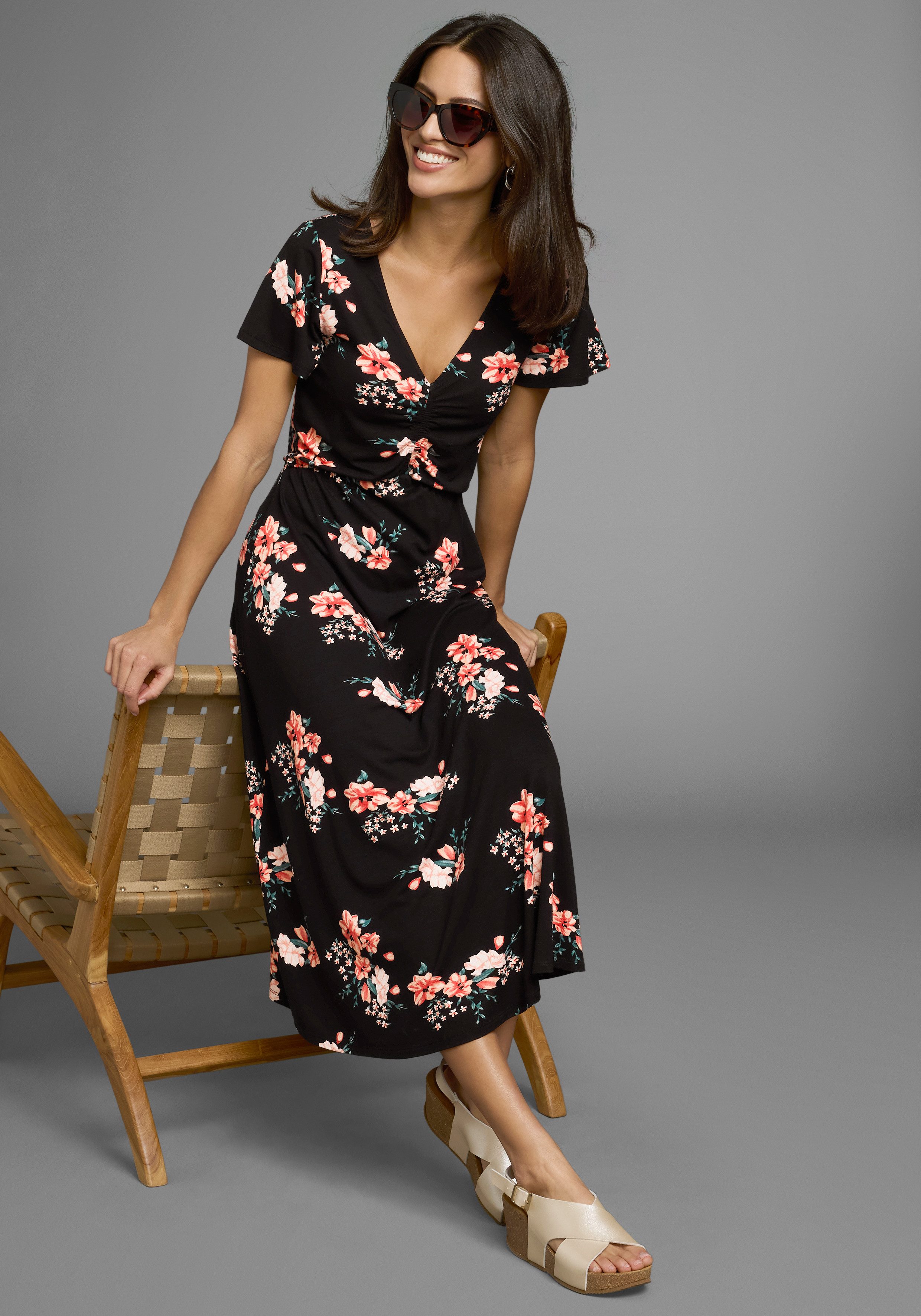 Laura Scott Midi-jurk met romantische bloemenprint en rimpeling - nieuwe collectie