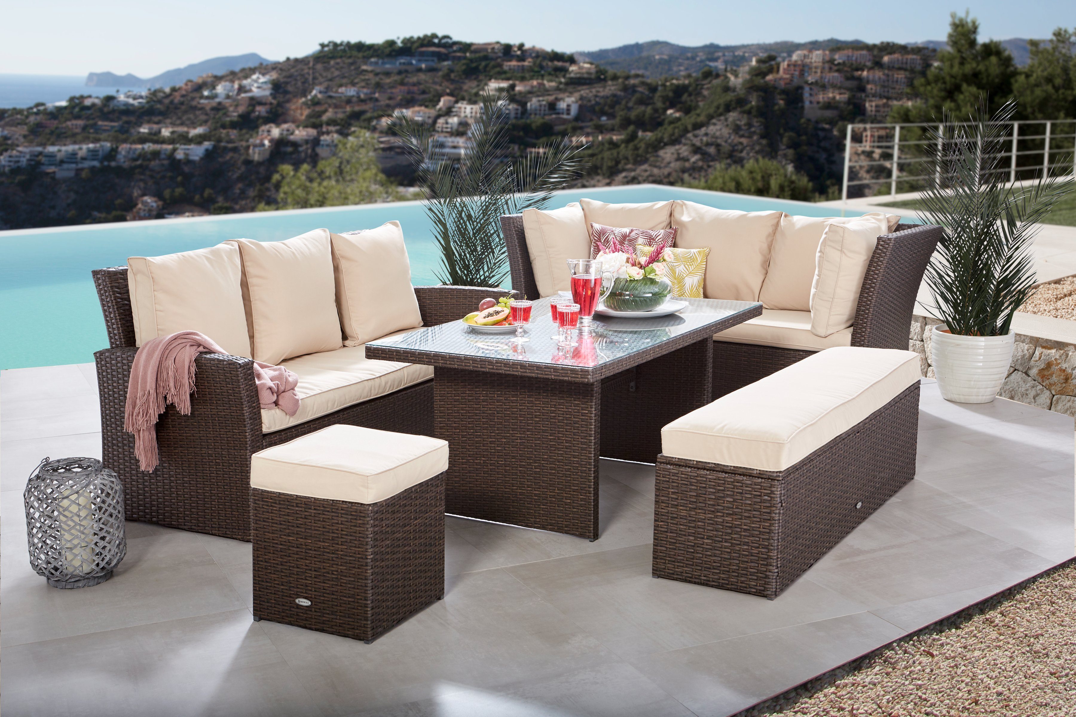 MERXX Tuinset Barcelona 2 banken, zitbank, hocker, tafel (5-delig)
