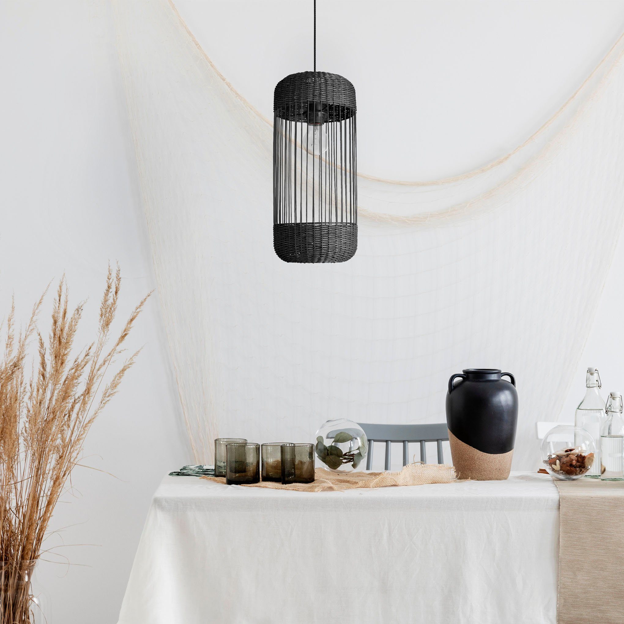 Paco Home Hanglamp PUSTA Rattan eetkamer lamp pendellamp Boho cilinder rustiek E27 hanglampen zwart