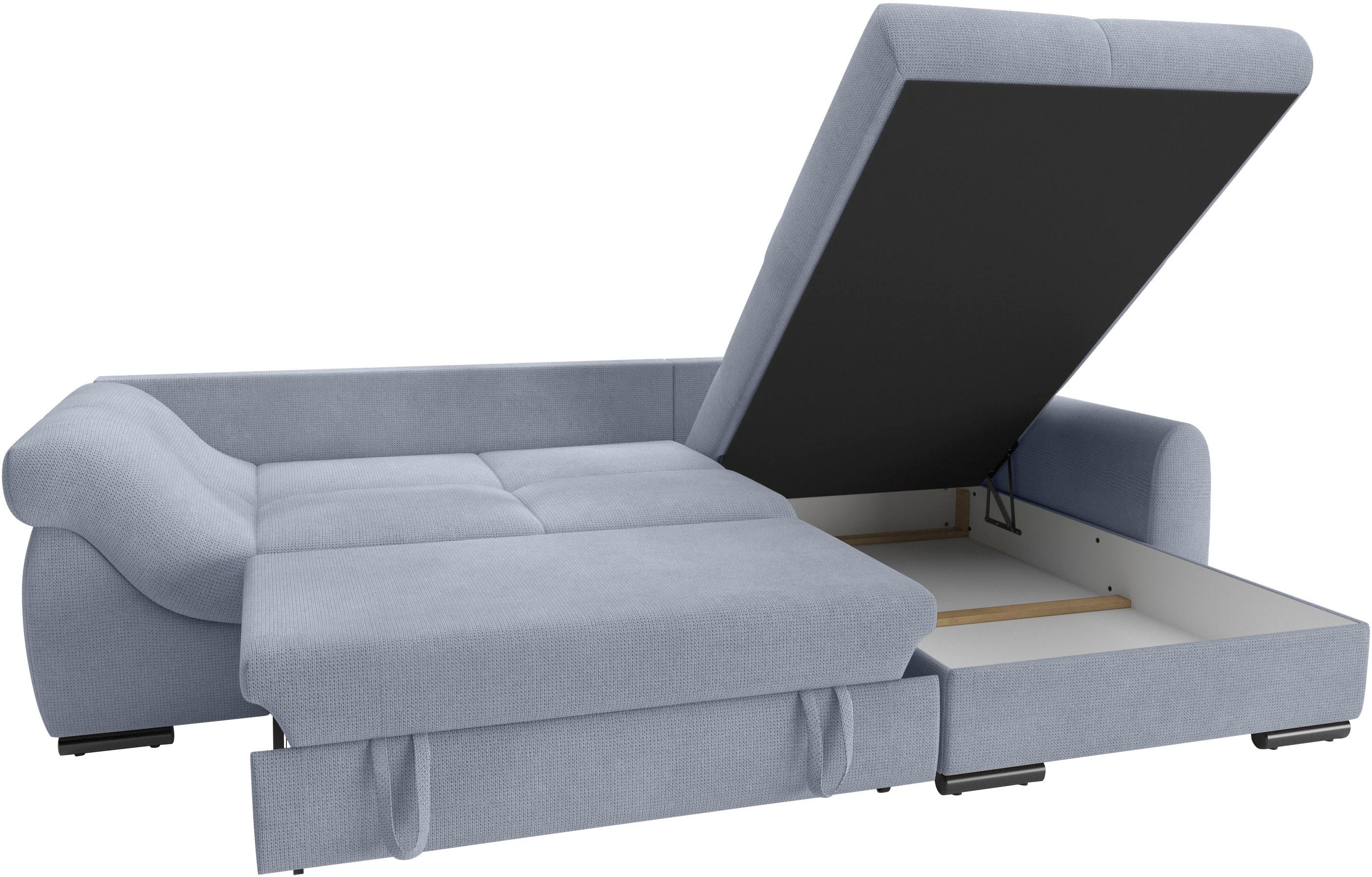 Mr. Couch Hoekbank Livorno L-vorm incl. hoogslaper beduitbreiding, xl bedbox wit gecoat
