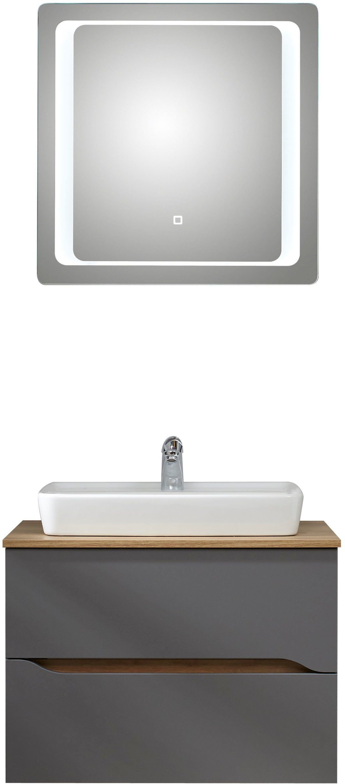 Saphir Badkamerserie Quickset 2-delig, keramieken opzetwasbak met led-spiegel Wastafelmeubel 73 cm breed, inclusief deurdemper, 2 laden (4-delig)