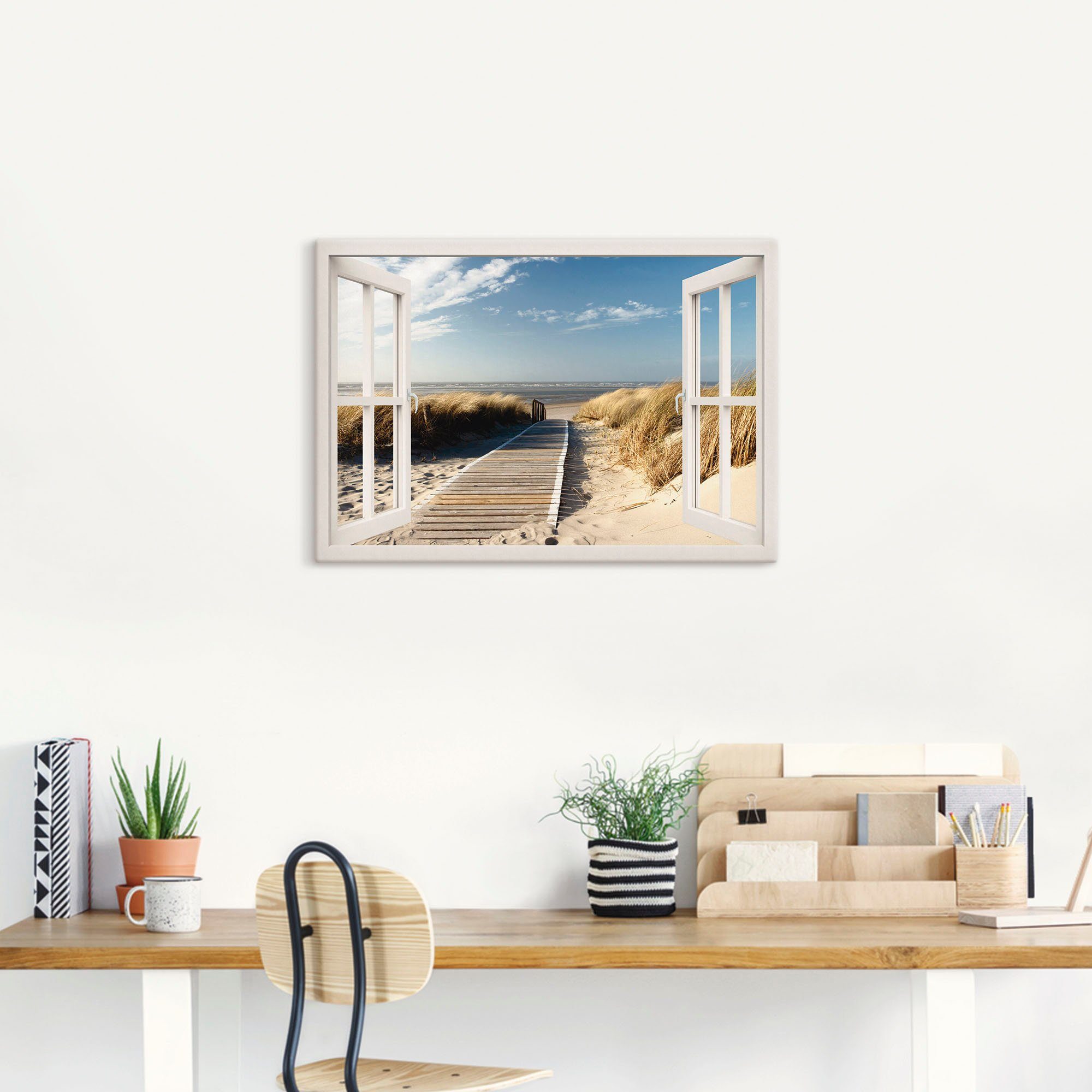 Artland Artprint Blik uit het venster Noordzeestrand op Langeoog als artprint op linnen, poster, muursticker in verschillende maten