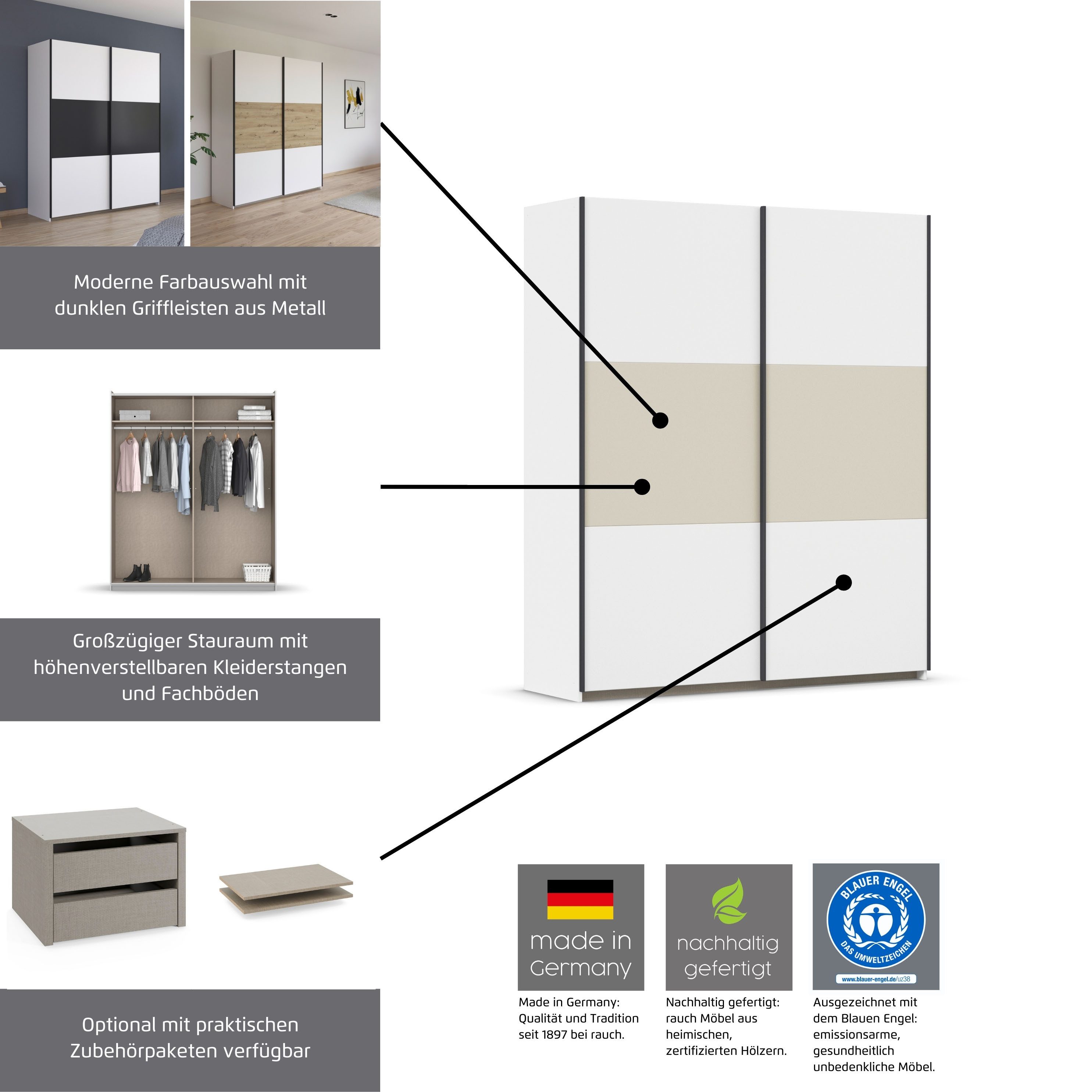 rauch Zweefdeurkast Kledingkast kast garderobe garderobekast waskast NEO met een royale opbergruimte en vele verschillende kleurencombinaties