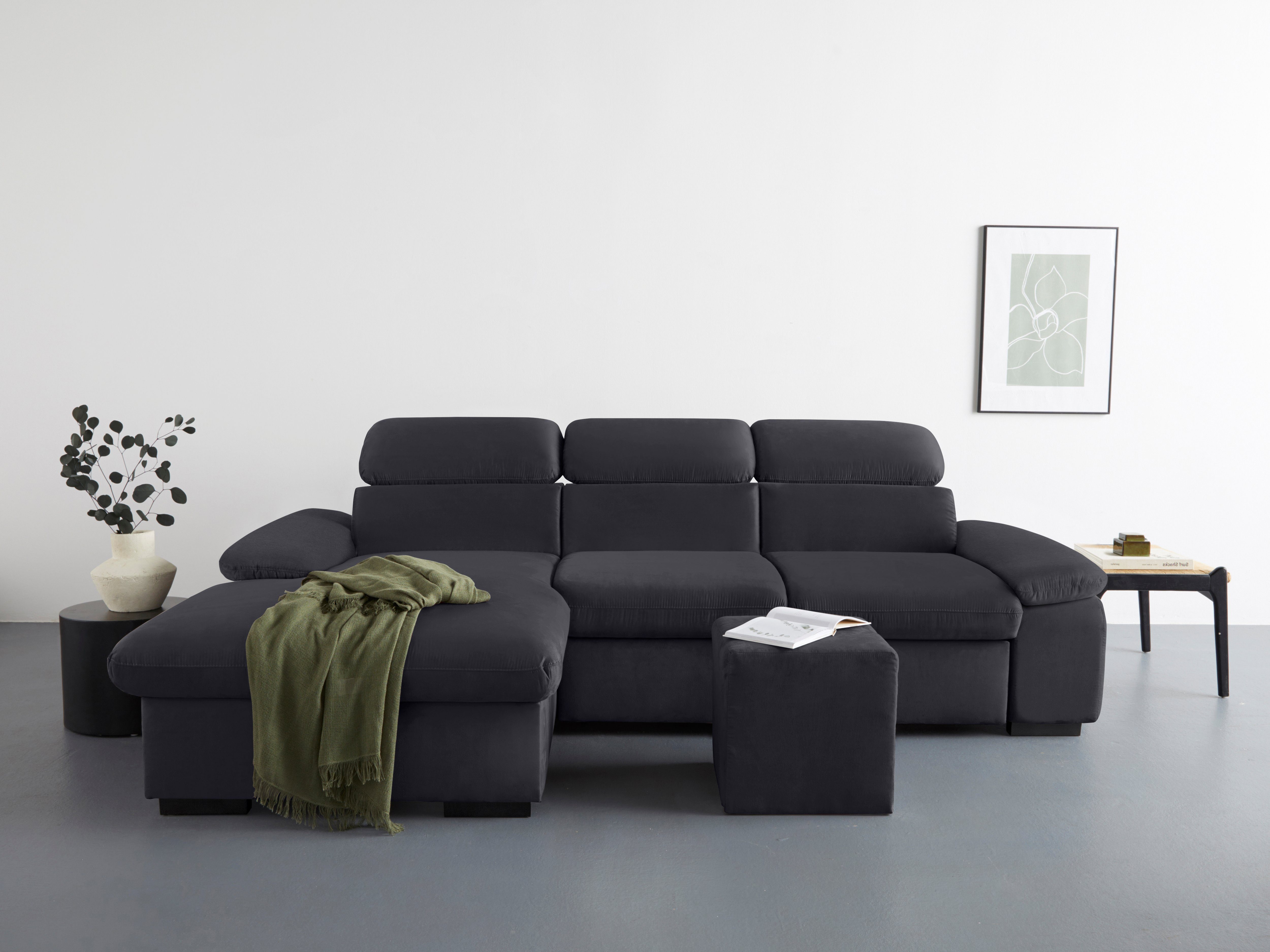 COTTA Hoekbank Lola L-vorm met hoofdeinde-functie & poef keuze met bedfunctie, bedlade & armleuningverstelling (set)