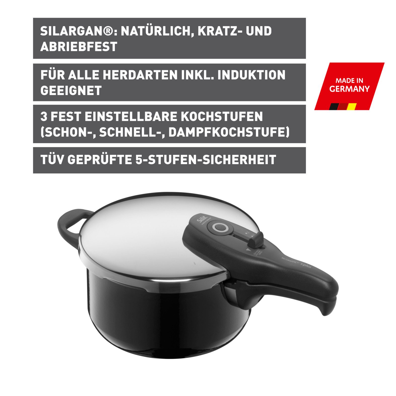 Silit Snelkookpan SICOMATIC T-PLUS, stoompan inductie 3 kookstanden, geschikt voor alle soorten fornuizen, made in germany