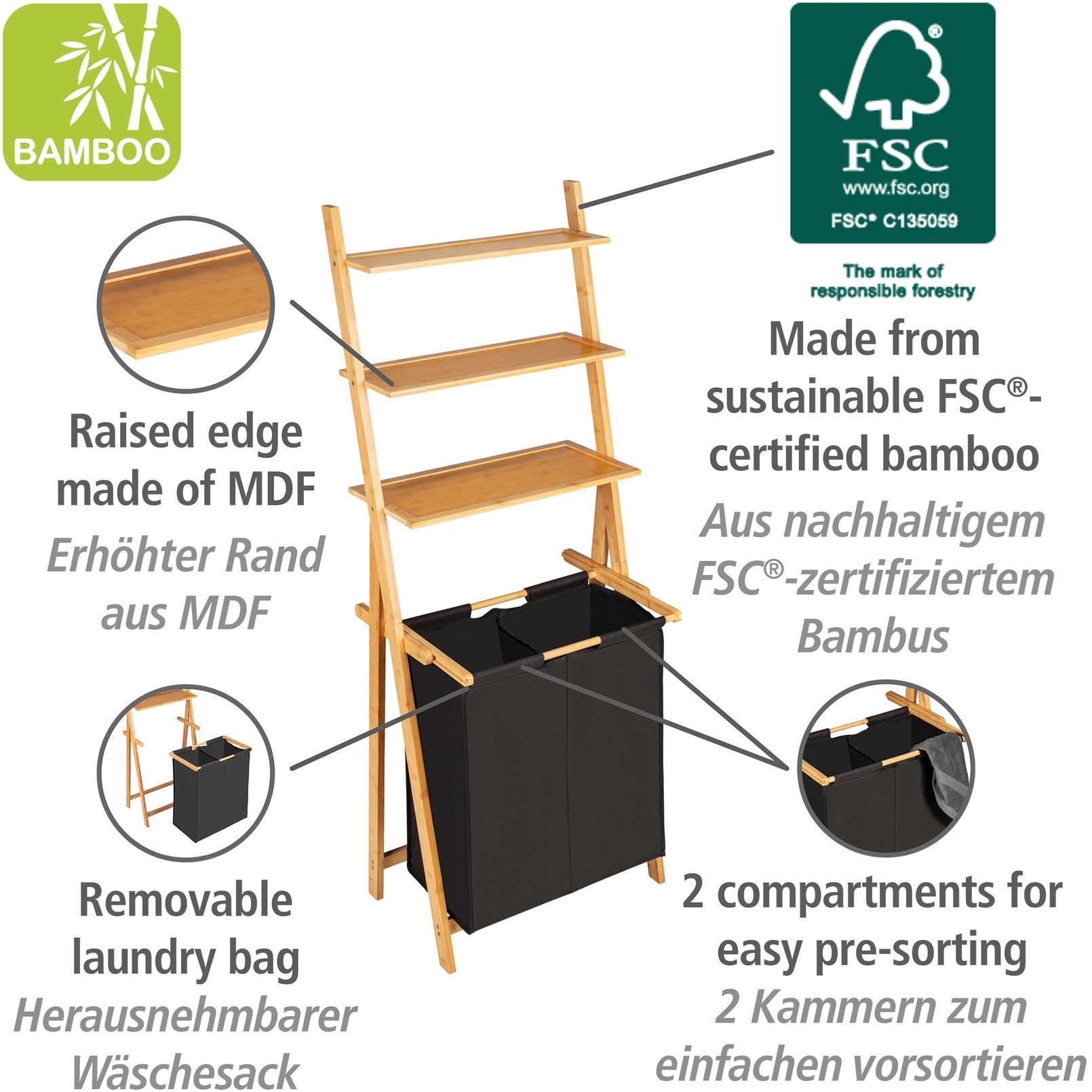 WENKO Wasmand met sorteerfunctie Ladderrek Ecori met wasverzamelaar Frame van bamboe, 3 schappen, textiel van 100% gerecycled polyester