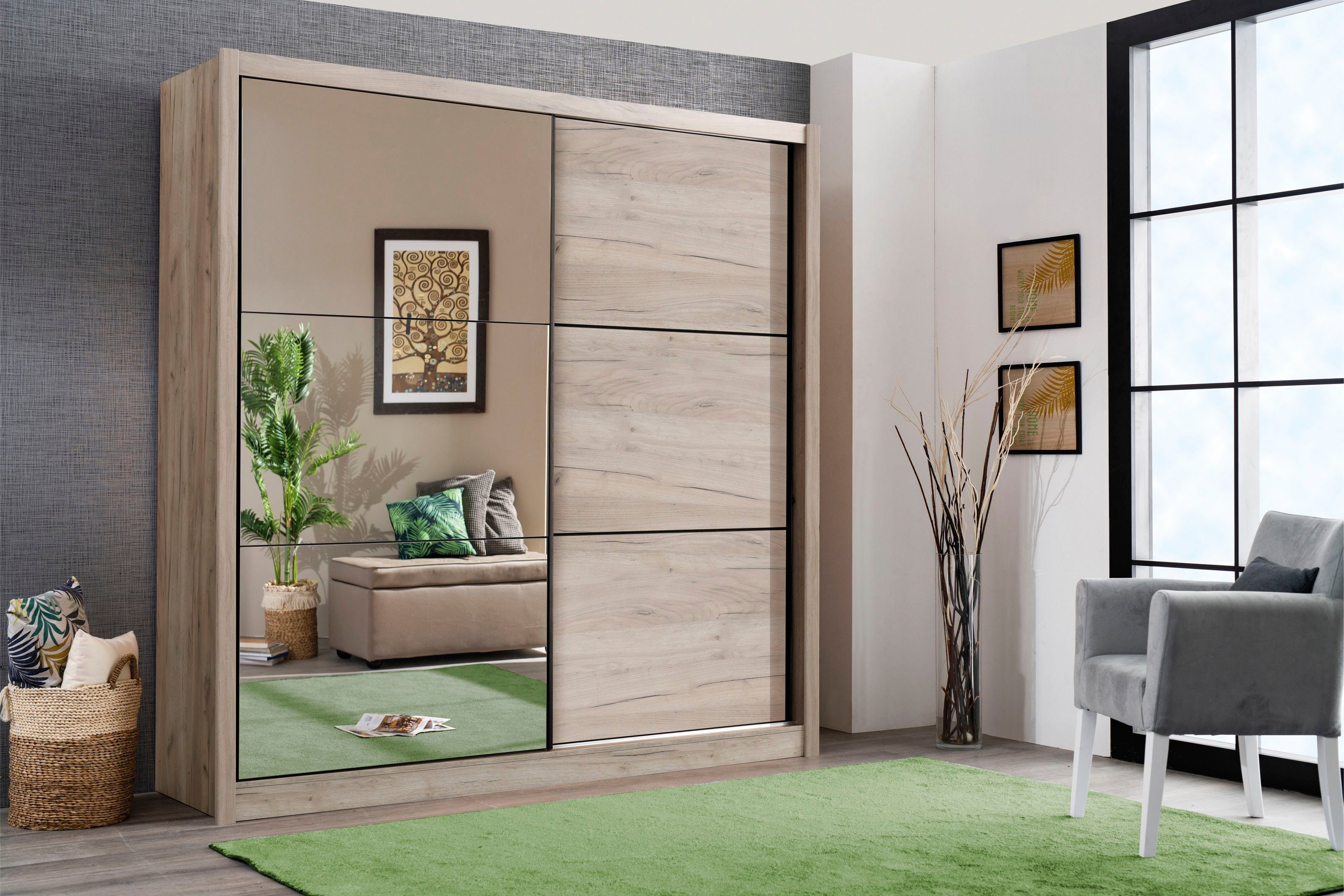 INOSIGN Zweefdeurkast Navara kledingkast met spiegel linnenkast garderobe met royale binnenuitrusting, fsc-gecertificeerd, in 3 breedtes