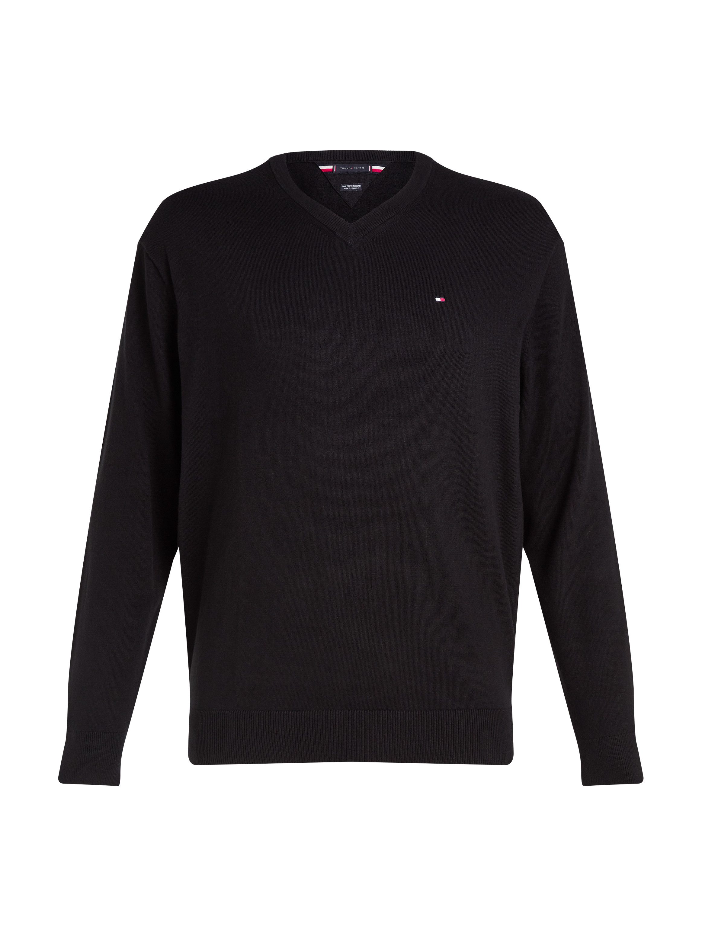 Tommy Hilfiger Gebreide trui BT-PIMA ORG CTN CASHMERE VNCK-B in grote maten, met logo borduurwerk op borsthoogte heren pullovers maat 5XL zwart