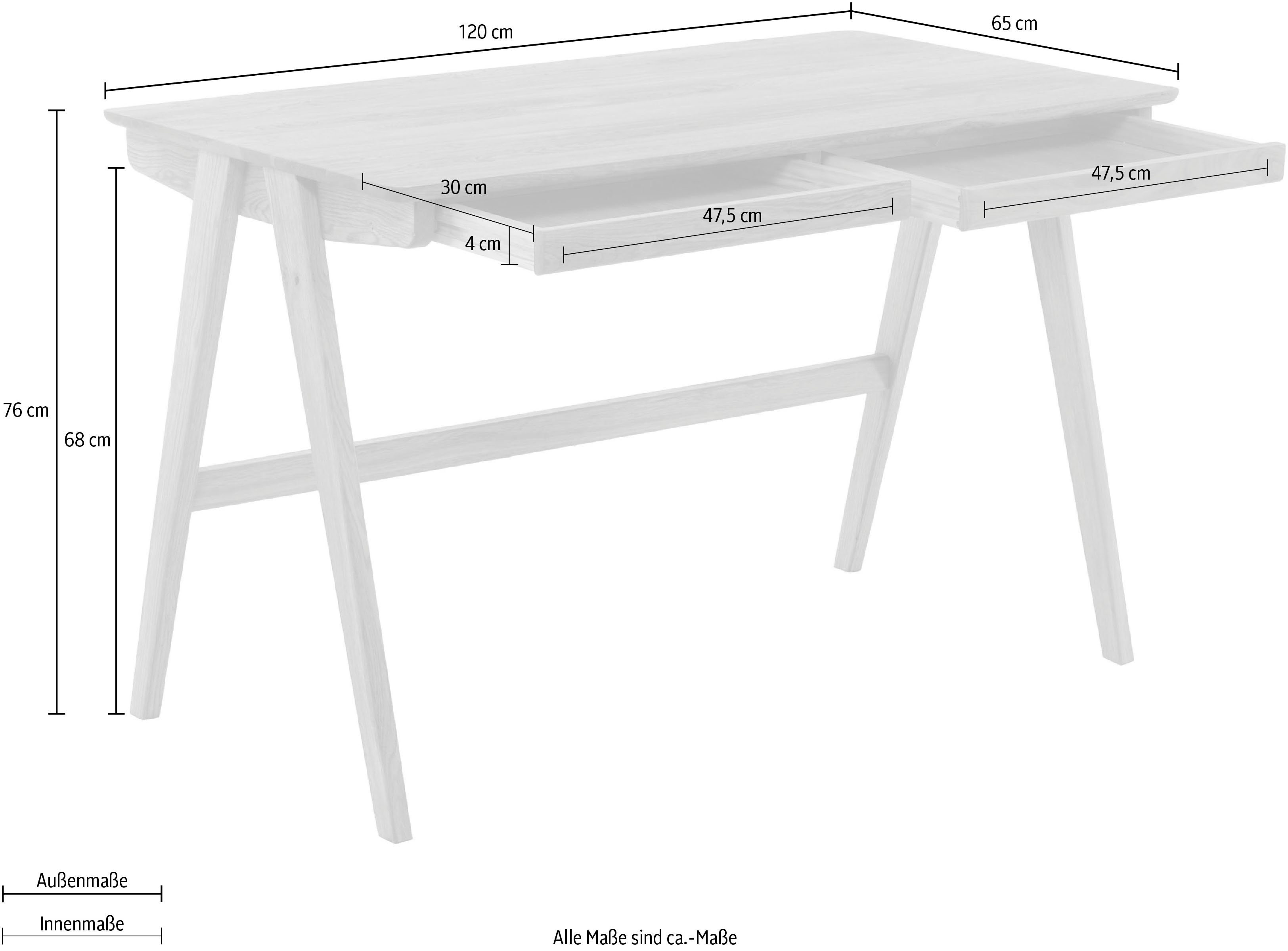 MCA furniture Bureau Delia Noesteiken massief hout geolied met laden, breedte 120 cm