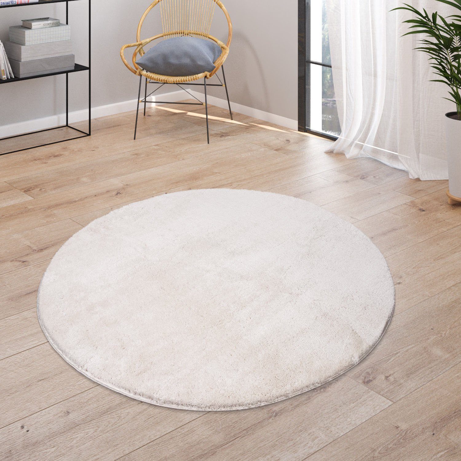 Paco Home Vloerkleed Cadiz 630 Korte pool, unikleuren, bijzonder zacht, wasbaar, woonkamer moderne vloerkleden maat Ø 200 cm x 14 mm beige