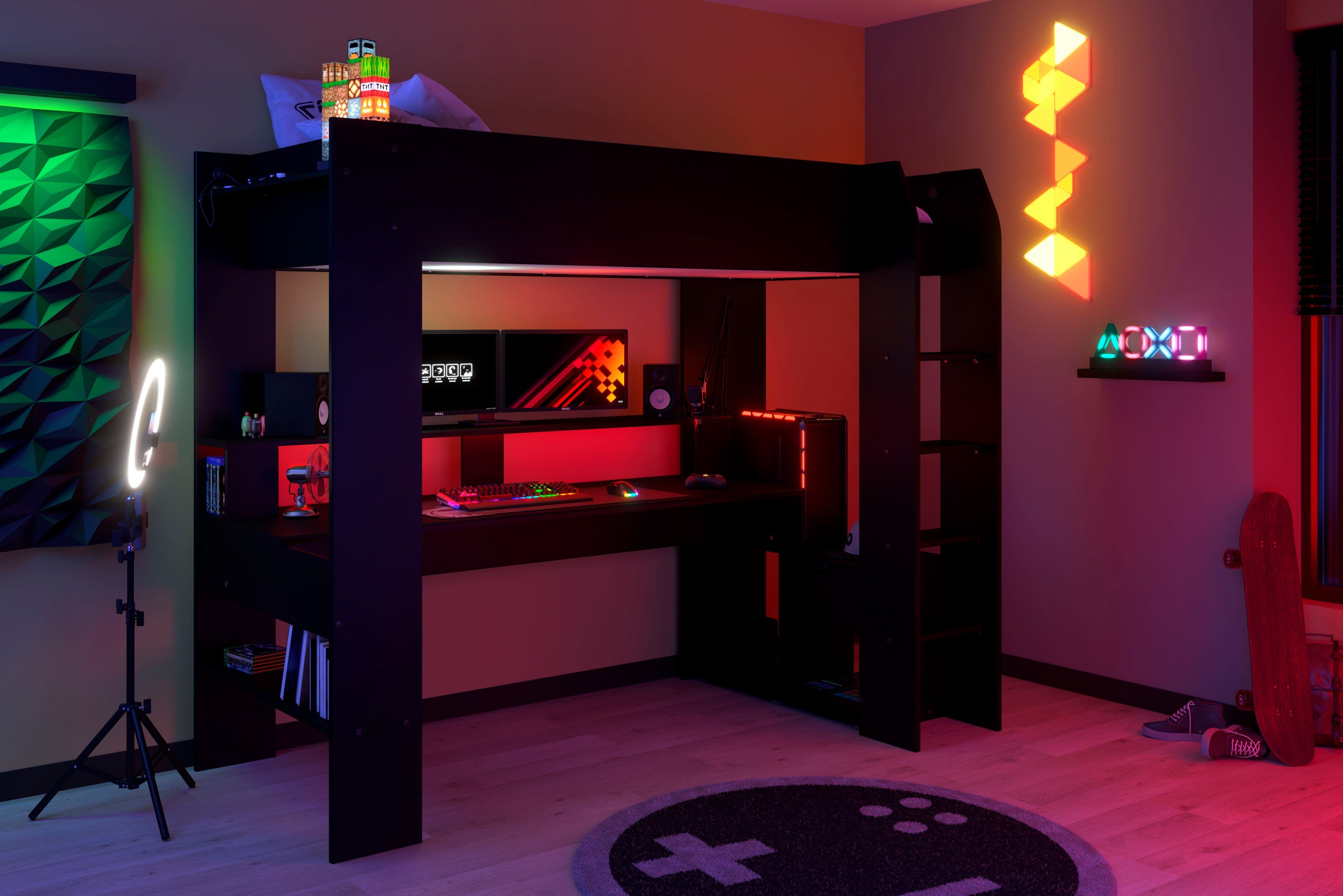 Parisot Hoogslaper Gaming-bed, met bureau, USB-aansluiting, LED, veel opbergruimte