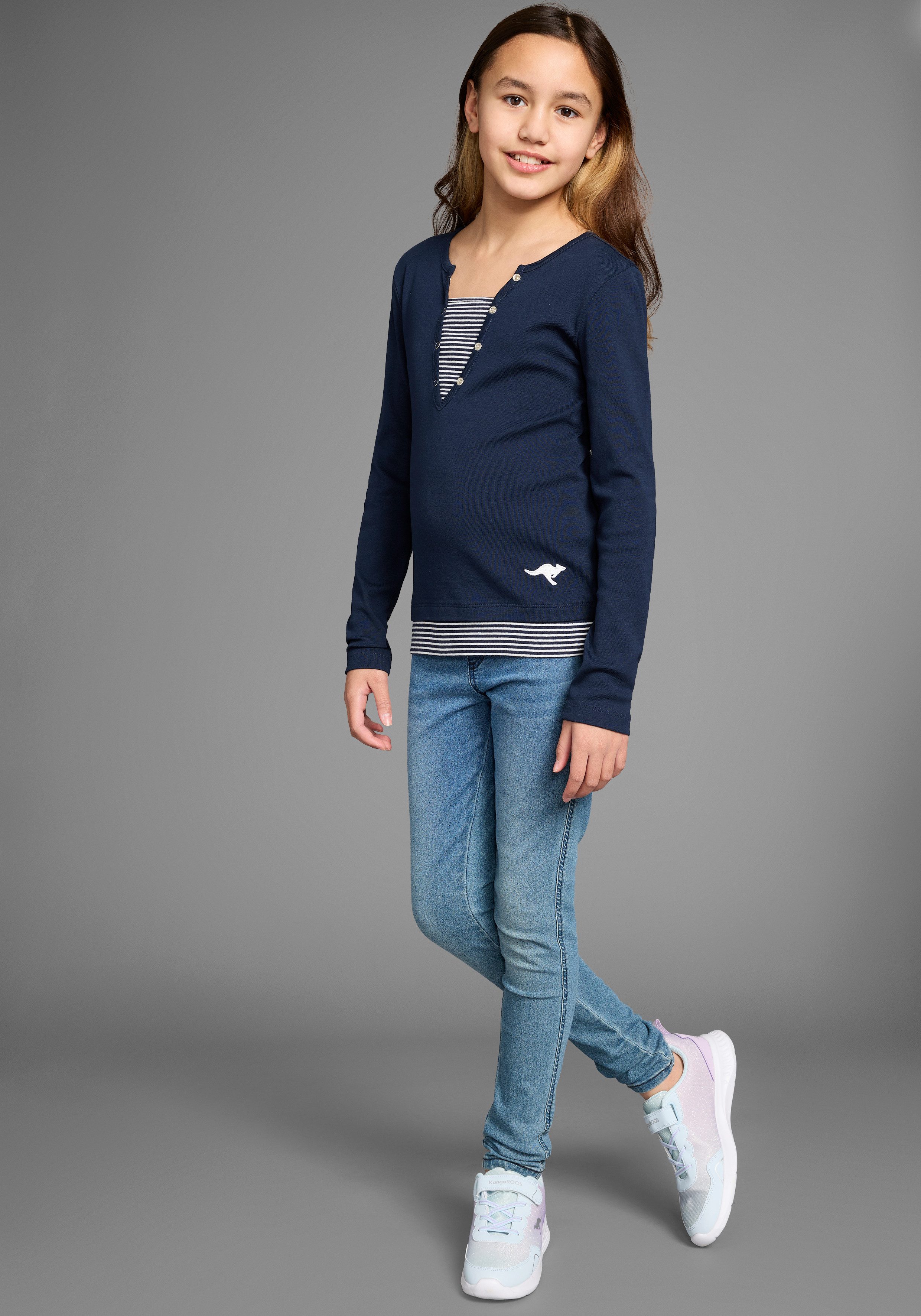 KangaROOS Shirt met lange mouwen Ribshirt in lagenlook modieuze halslijn-details