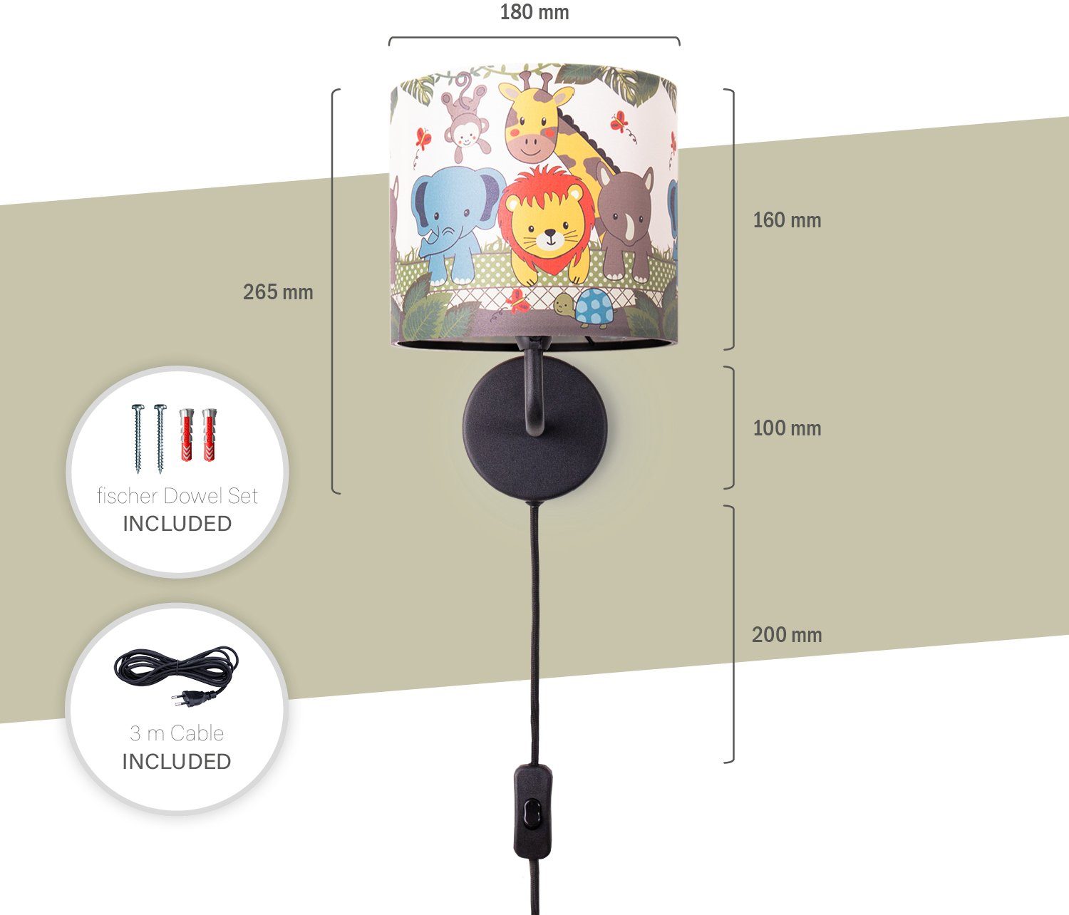 Paco Home Wandlamp Diamond 634 Kinderlamp binnen met âˆ…18cm zoo dieren kabellengte 3m E14