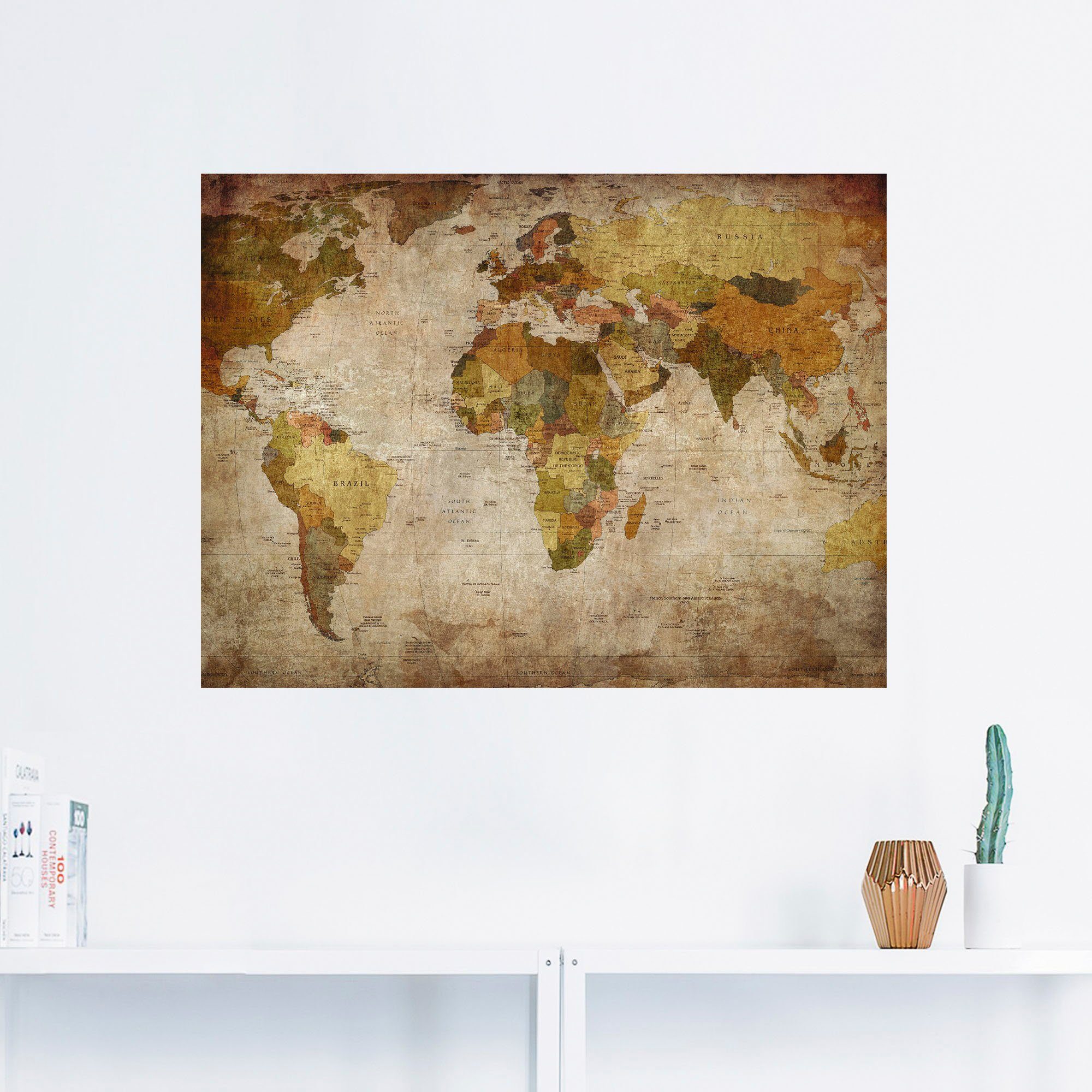 Artland Artprint Wereldkaart als artprint van aluminium, artprint voor buiten, artprint op linnen, poster, muursticker